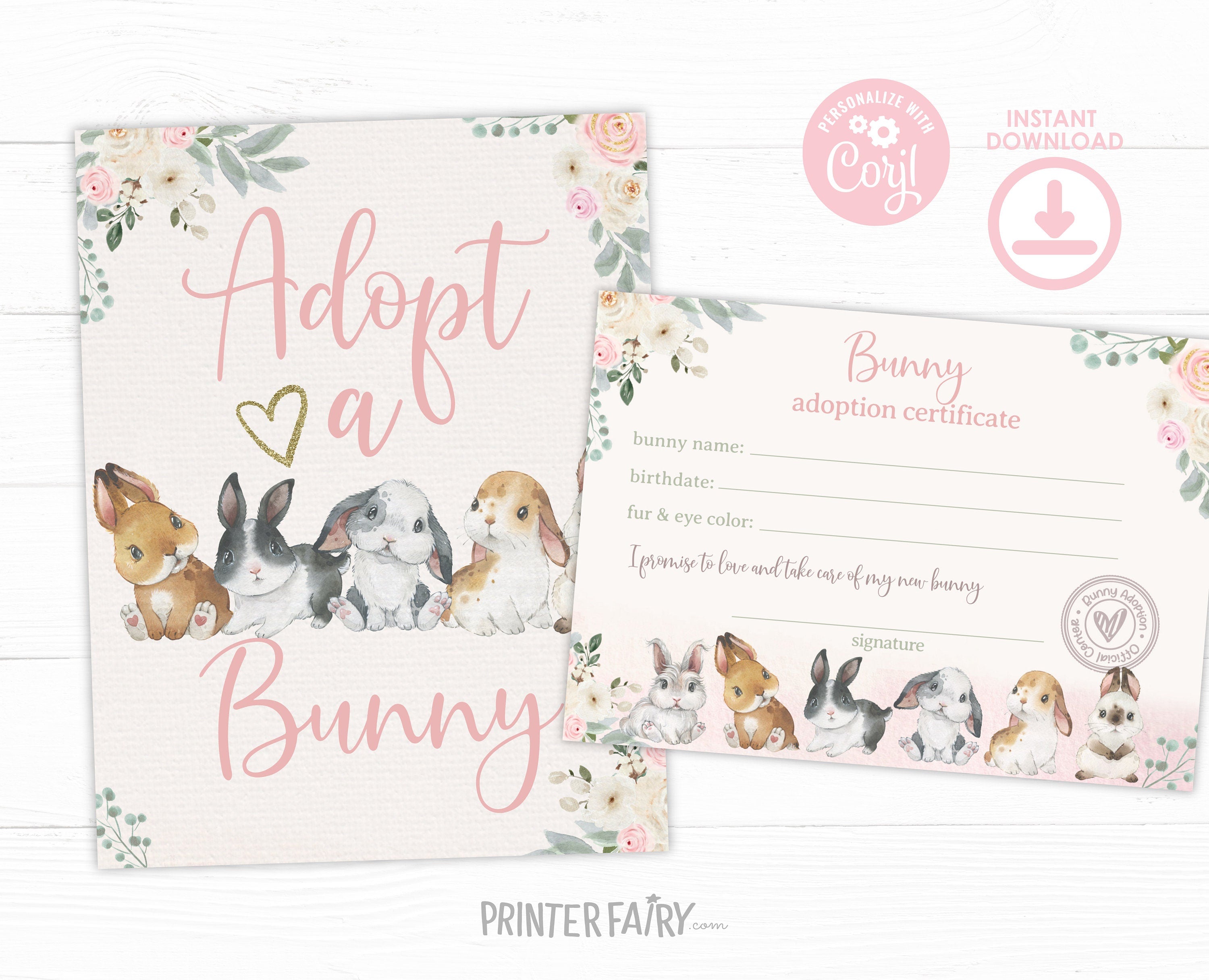 Bunny Adoption EDITABLE Templates Bundle, Adoption Certificate and Sign, INSTANT DOWNLOAD