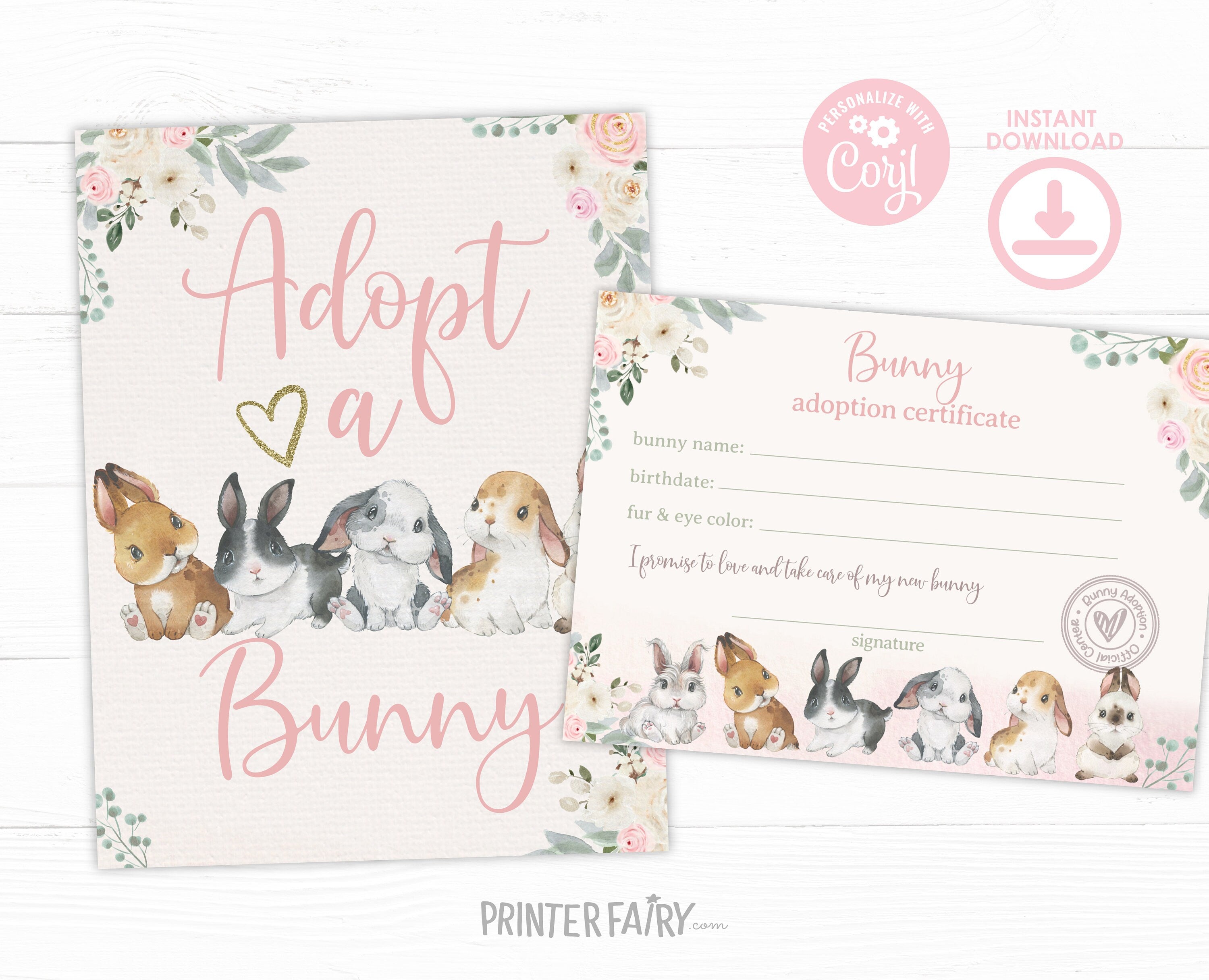 Bunny Adoption EDITABLE Templates Bundle, Adoption Certificate and Sign, INSTANT DOWNLOAD