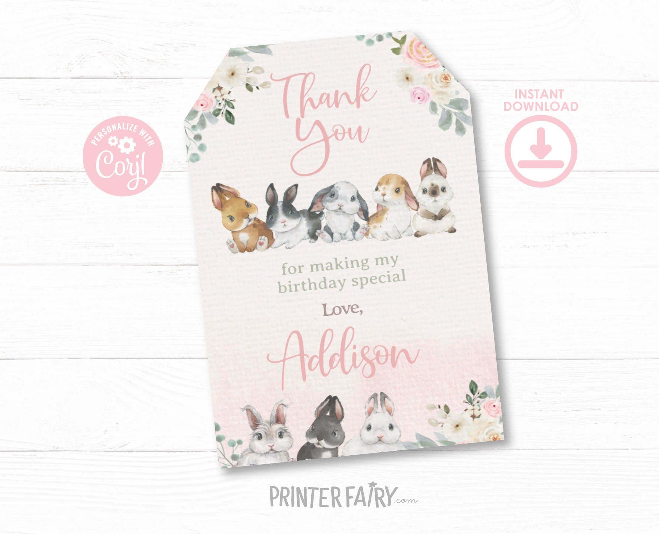 Bunny Party Favor Tag Editable Template, Floral Spring Party (INSTANT DOWNLOAD)