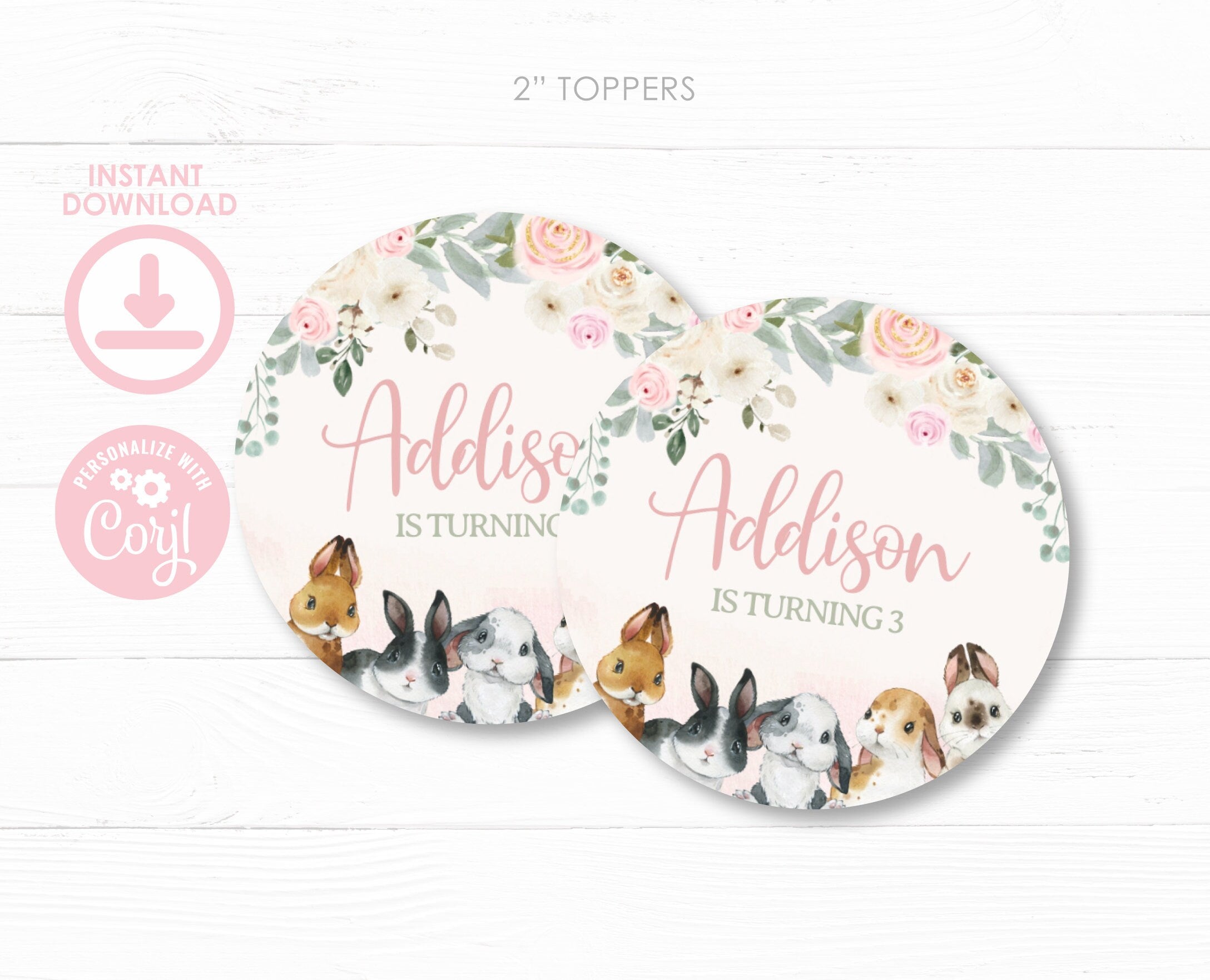 Bunny Party Topper or Sticker Round Tag Editable Template, INSTANT DOWNLOAD