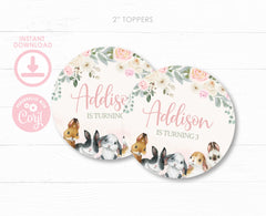 Bunny Party Topper or Sticker Round Tag Editable Template, INSTANT DOWNLOAD