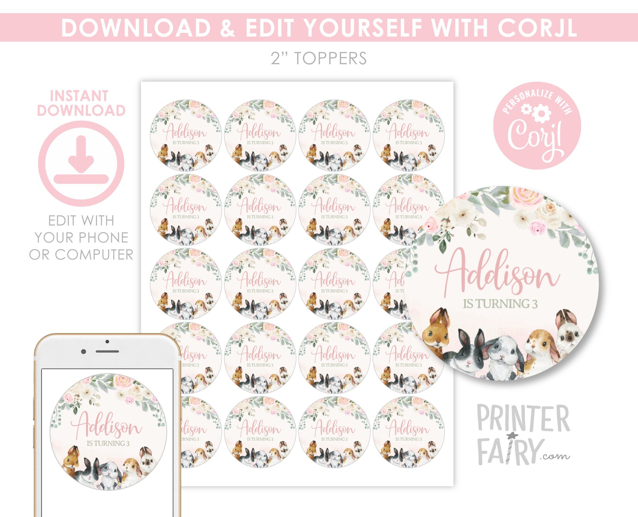 Bunny Party Topper or Sticker Round Tag Editable Template, INSTANT DOWNLOAD