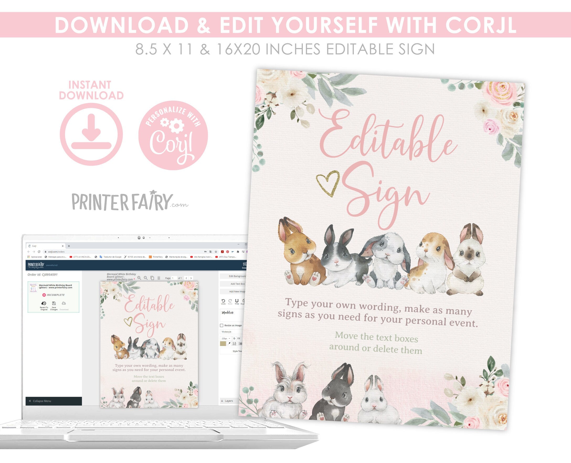Editable Bunny Welcome Sign, Spring Birthday Party Decor (Instant Download)