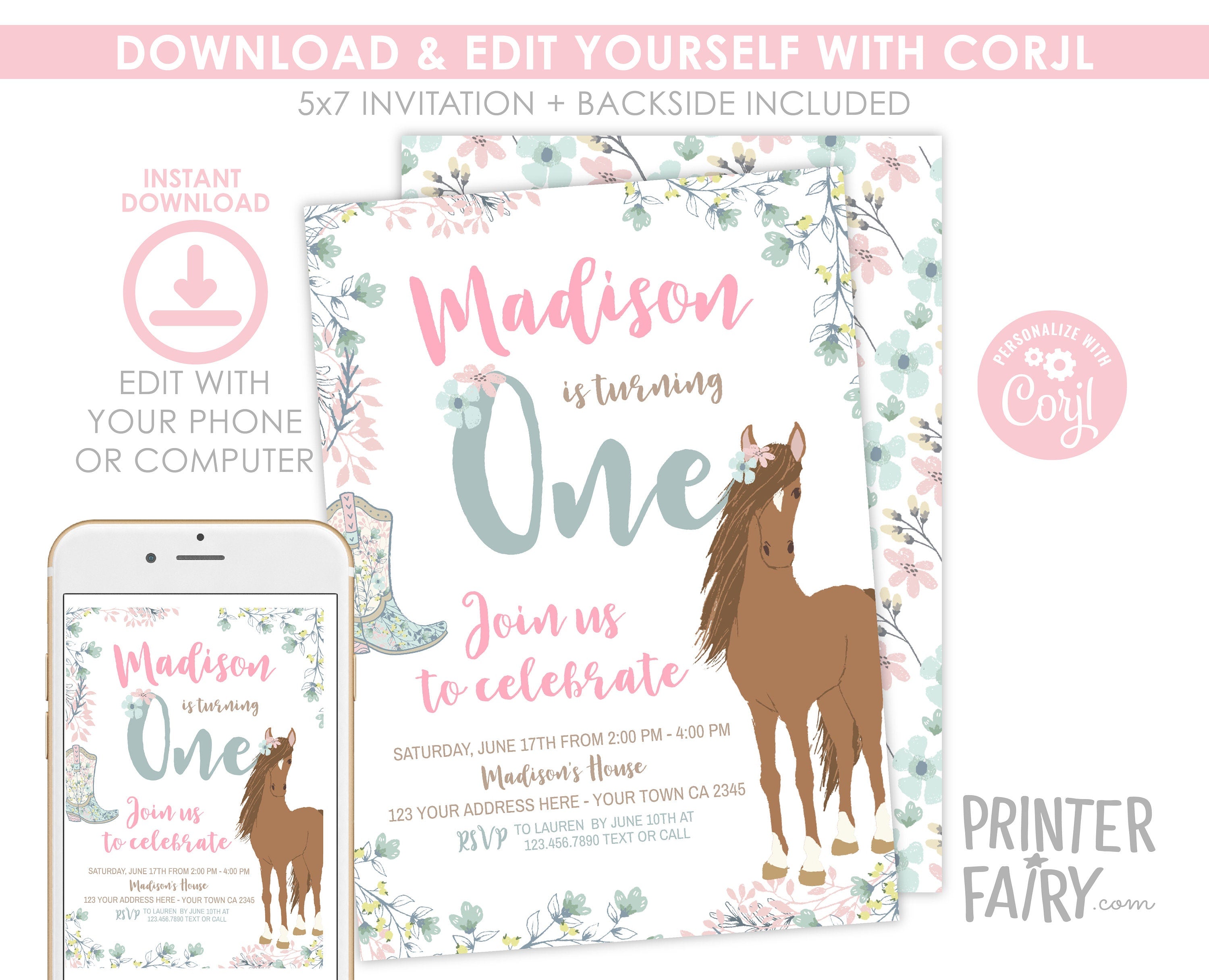 Floral Horse 1st Birthday Invitation, Western Party (Editable Template)
