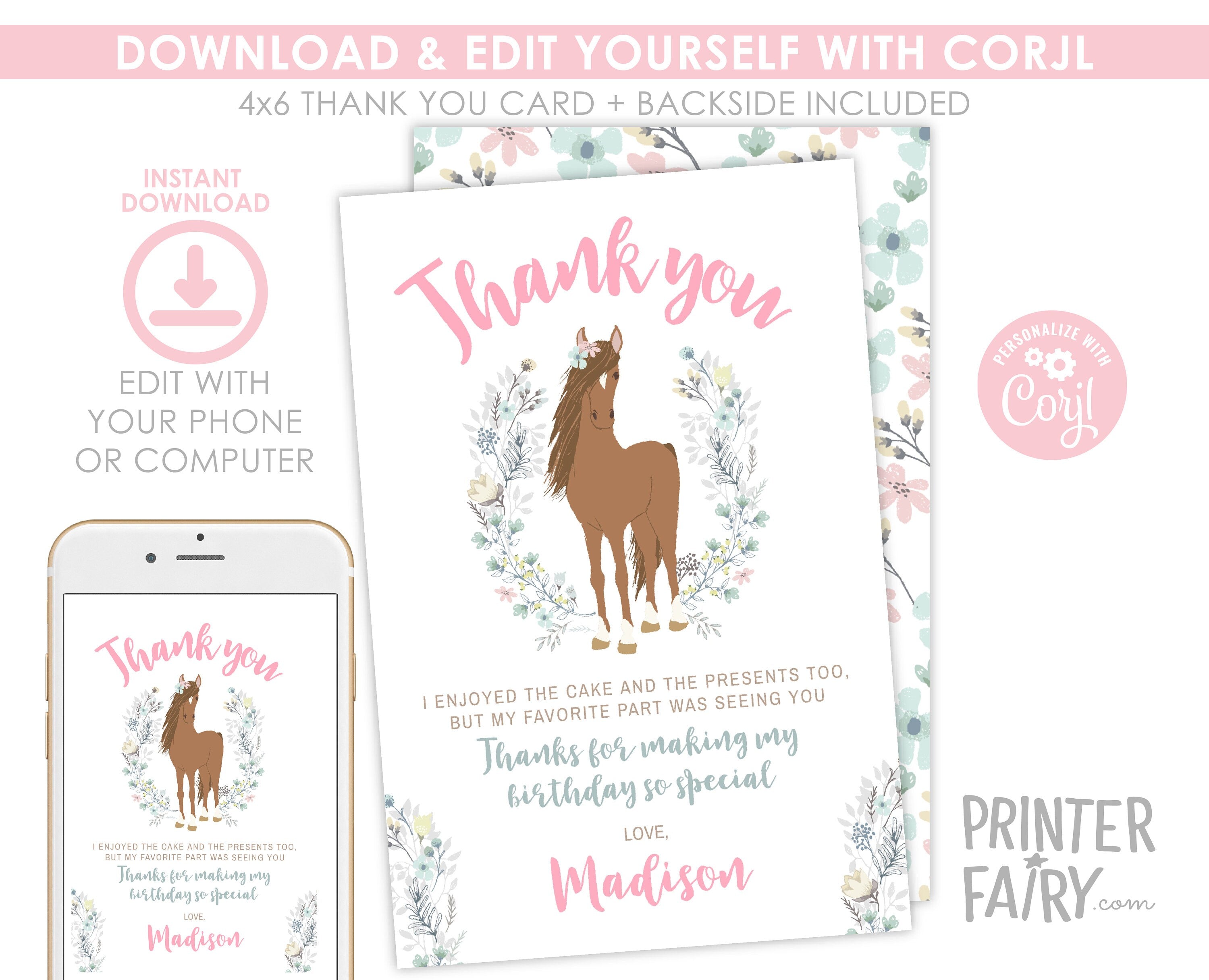 Floral Horse Thank You Card, Editable Template (Digital Download)