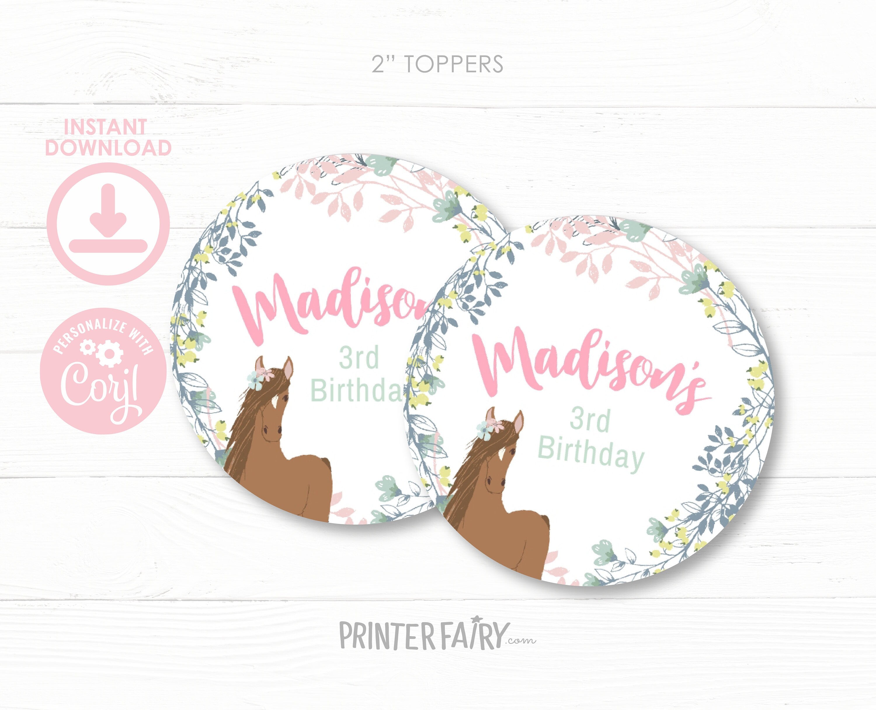Floral Horse Birthday Cupcake Toppers, Editable Pony Party (Instant Download)