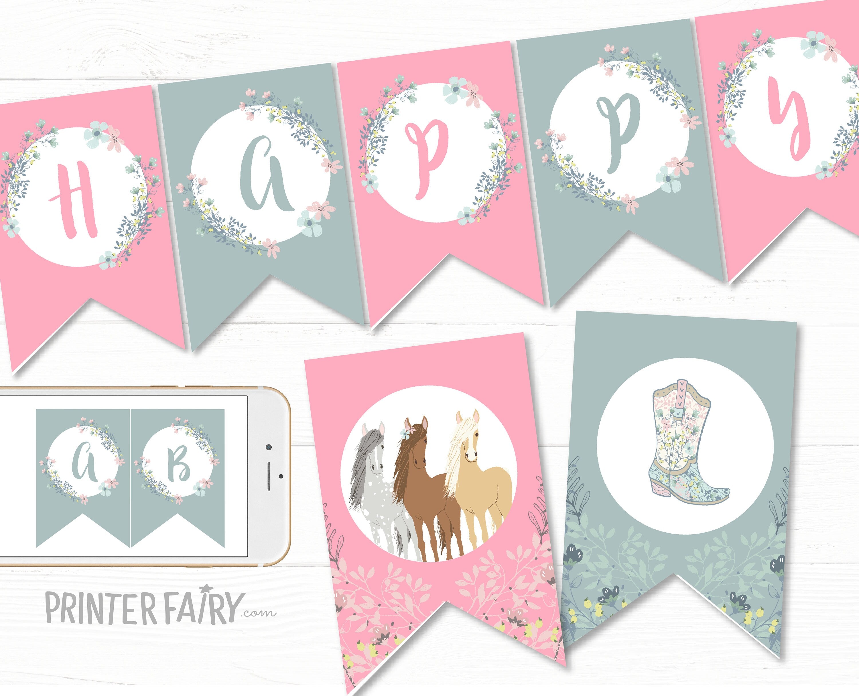 Floral Horse Birthday Banner, Cowgirl Party Decor (EDITABLE, Instant Download)