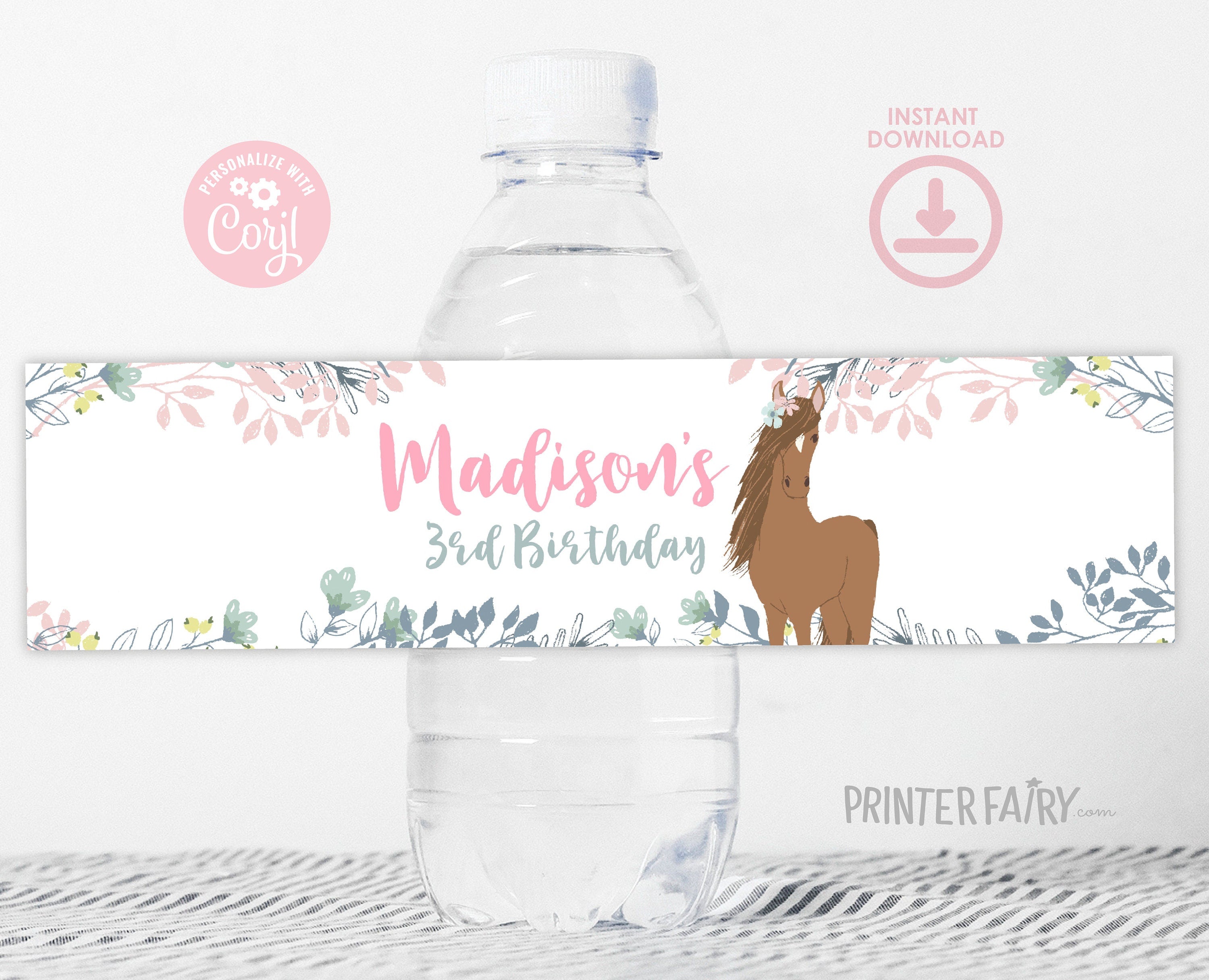 Floral Horse Birthday Water Bottle Labels, Editable (Digital Download)