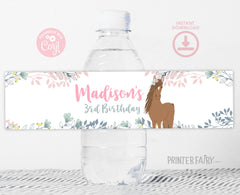 Floral Horse Birthday Water Bottle Labels, Editable (Digital Download)