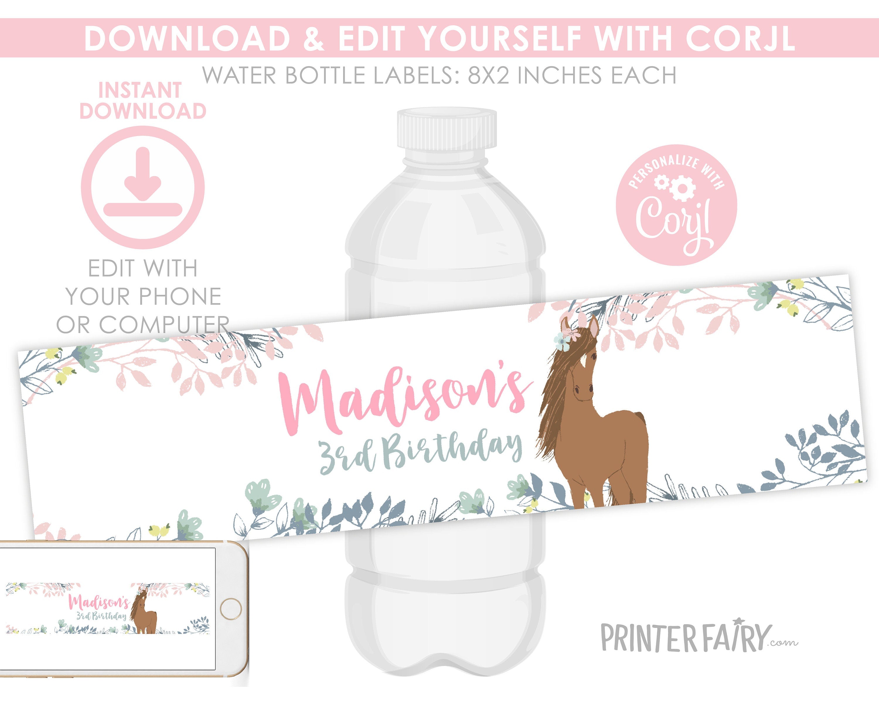 Floral Horse Birthday Water Bottle Labels, Editable (Digital Download)