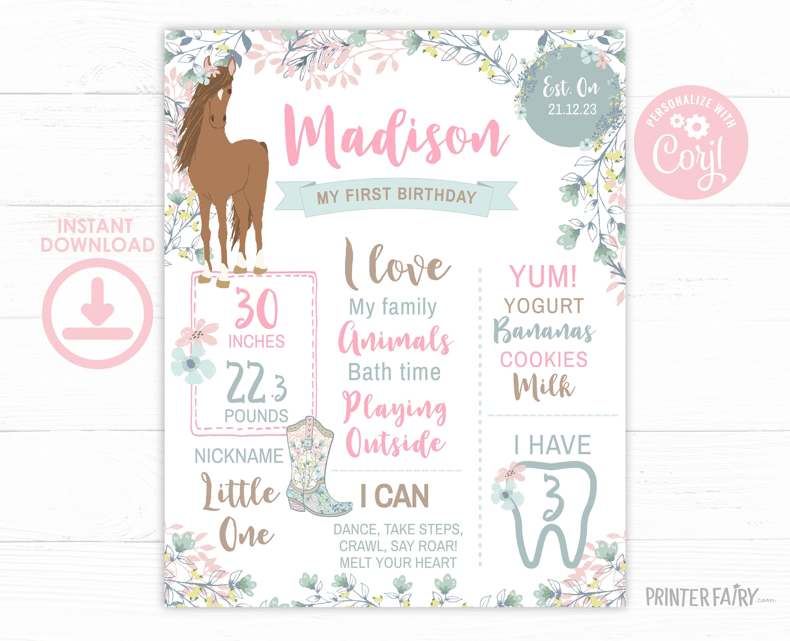 Floral Horse First Birthday Banner, Cowgirl Party (EDITABLE, Instant Download)