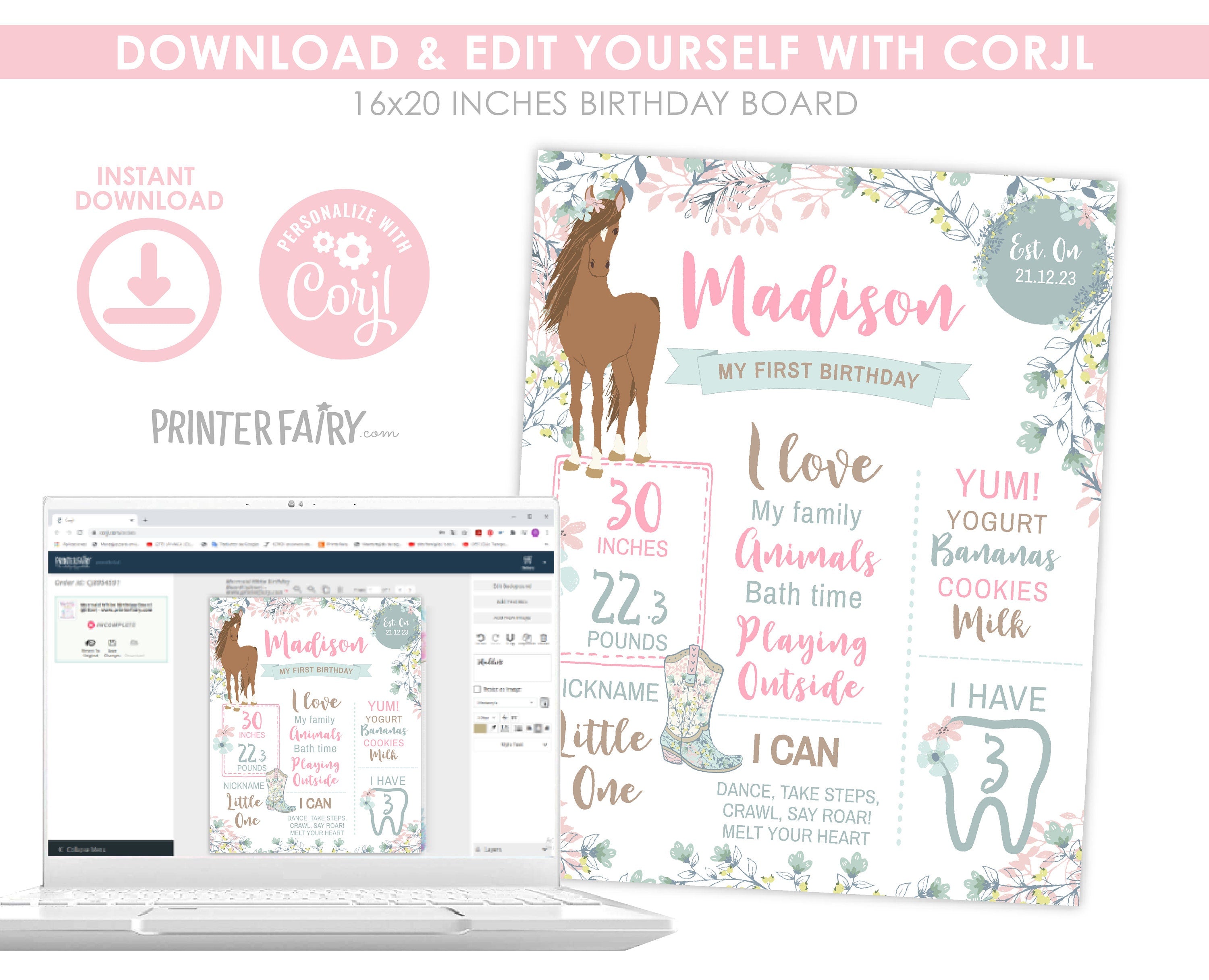 Floral Horse First Birthday Banner, Cowgirl Party (EDITABLE, Instant Download)