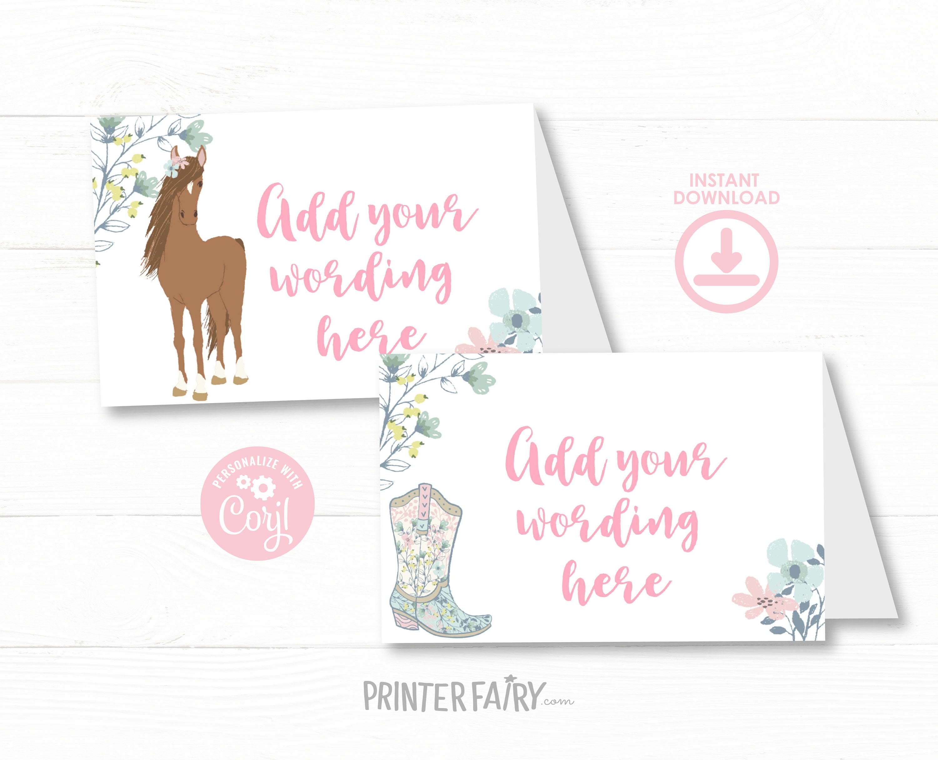 Floral Horse Food Tents, Editable Birthday Party Decor (Digital Download)