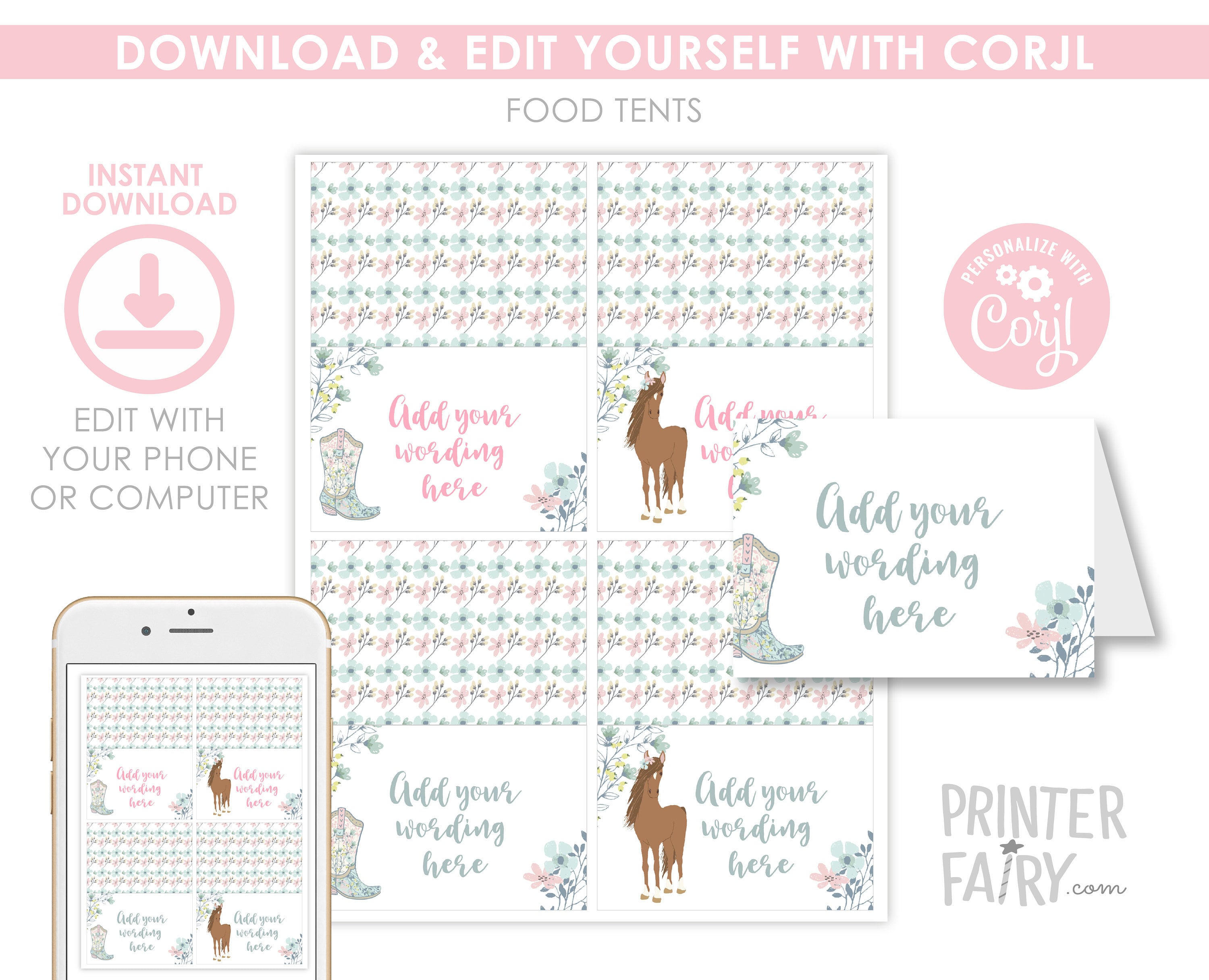 Floral Horse Food Tents, Editable Birthday Party Decor (Digital Download)