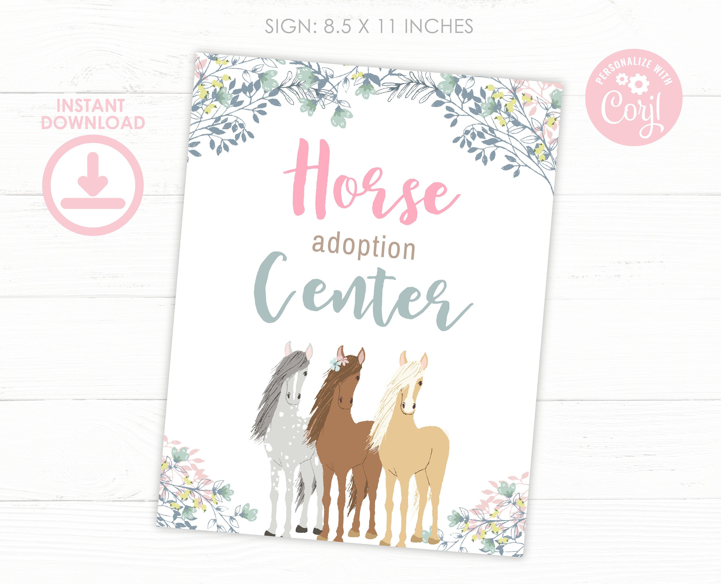 Floral Horse Adoption Pack, EDITABLE Certificate (Digital Download)