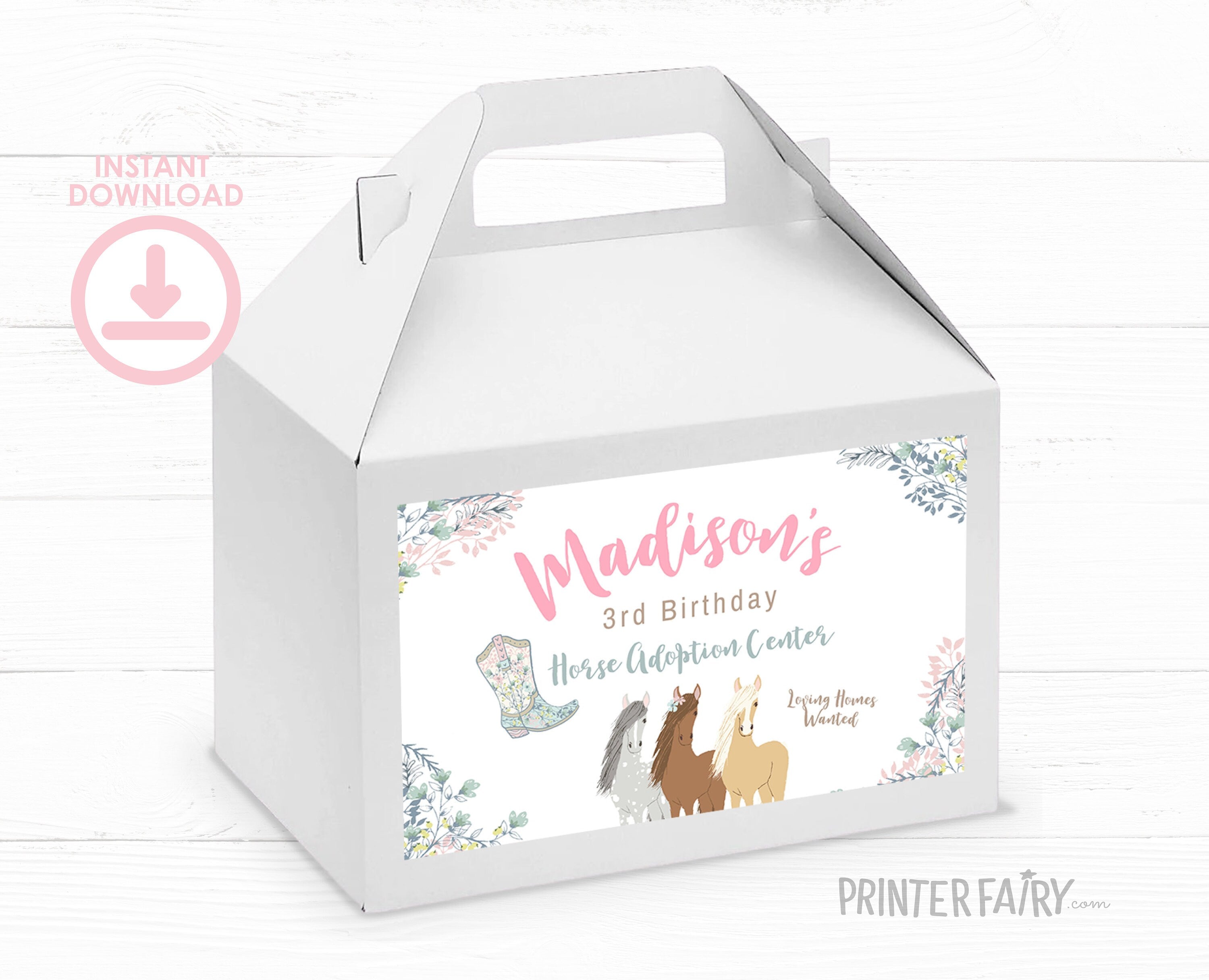 Floral Horse Birthday Gable Box Label, Editable Pony Party (Digital Download)