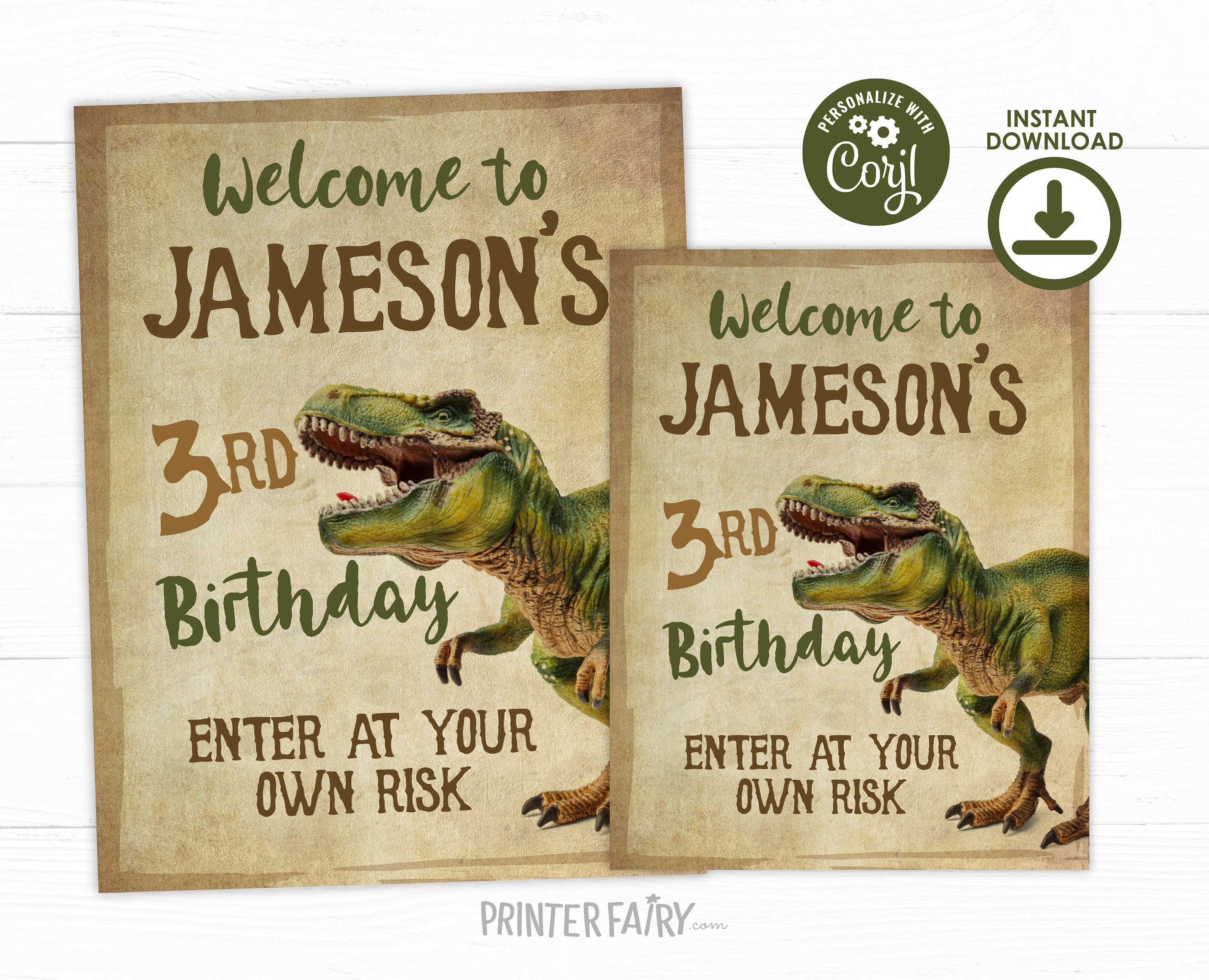 Editable Dinosaur Birthday Welcome Sign, T-Rex Party (Instant Download)