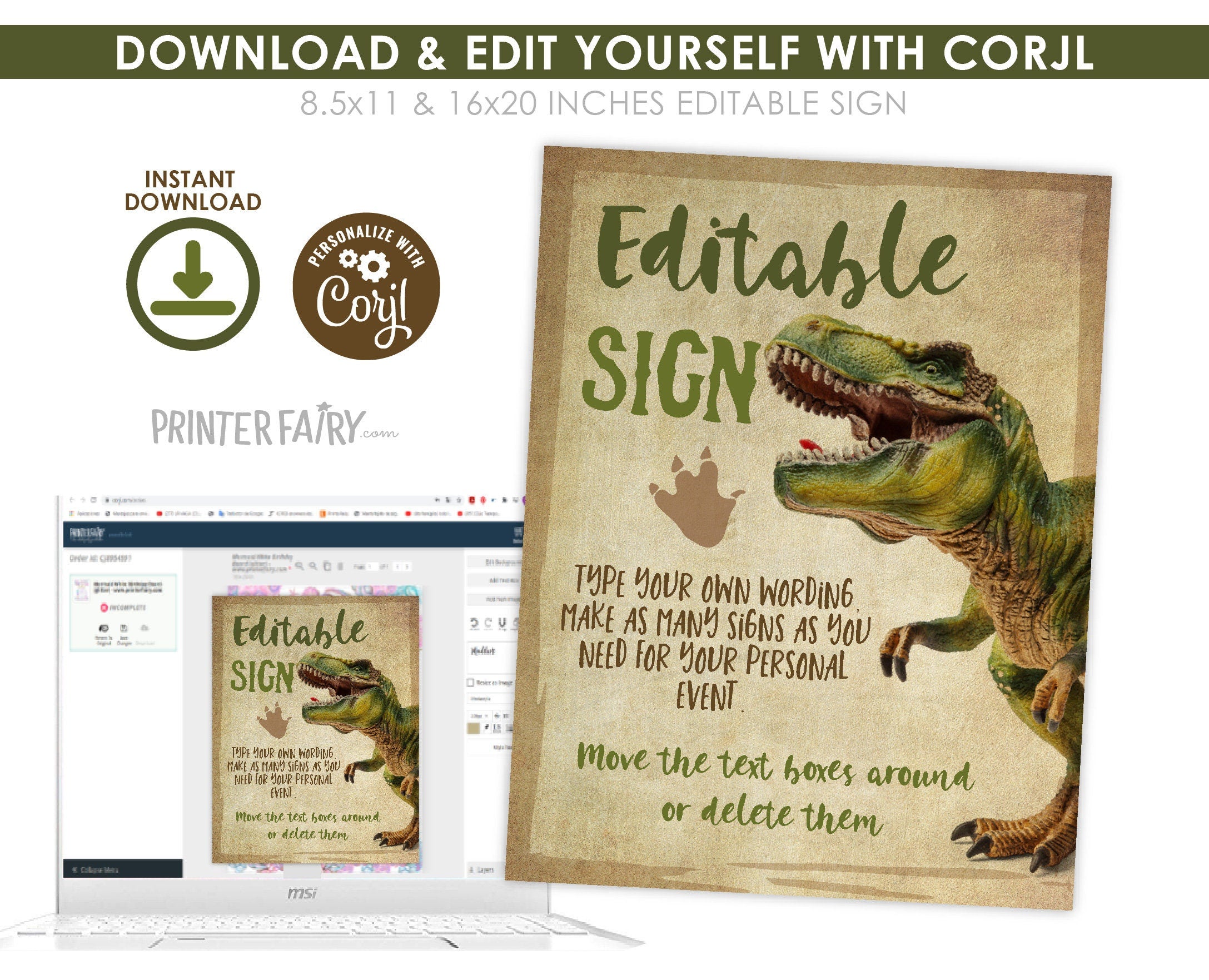 Dinosaur Birthday Sign, Editable T-Rex Party Decor (Instant Download)