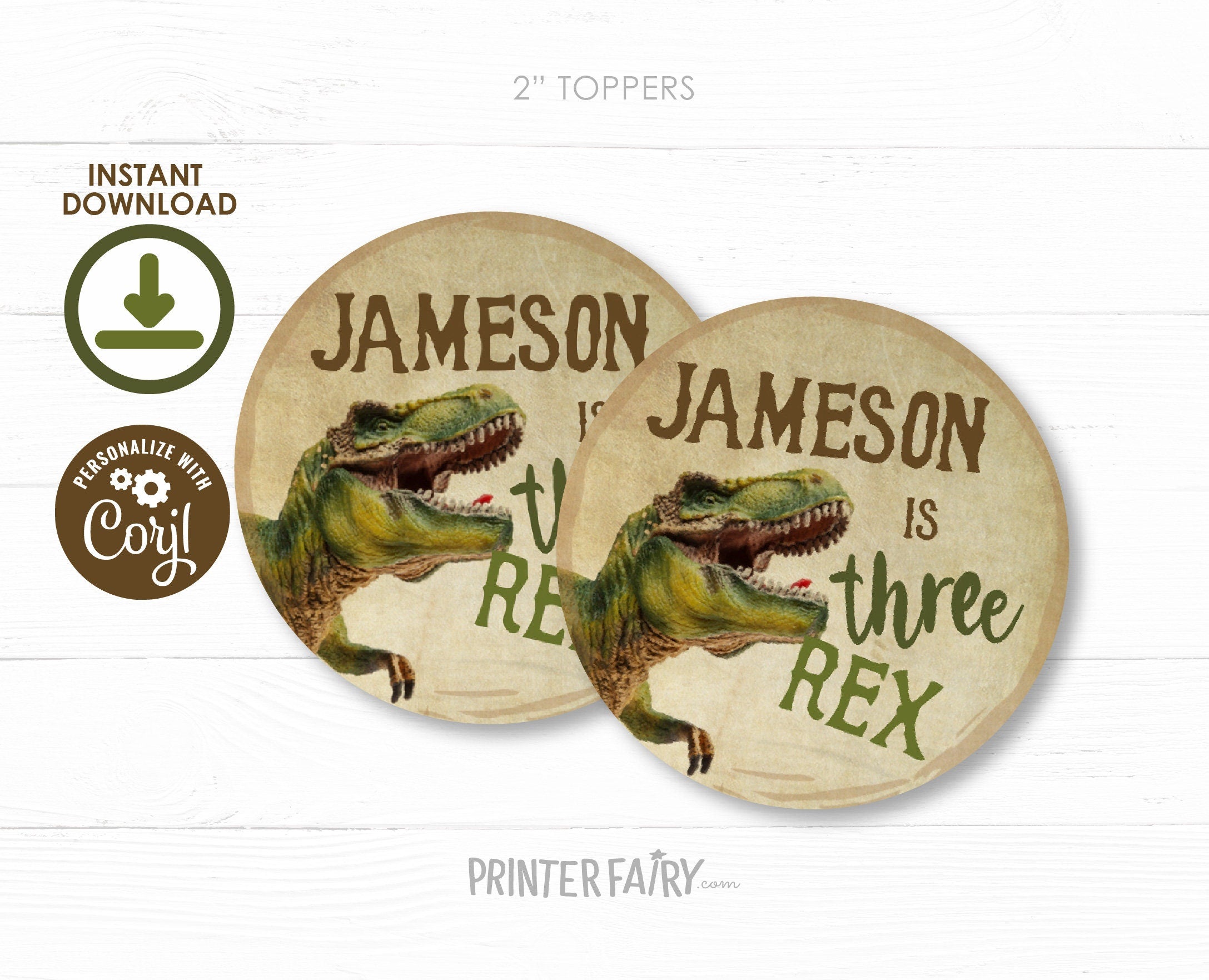 Editable Dinosaur Birthday Party Toppers, Trex Stickers (Instant Download)