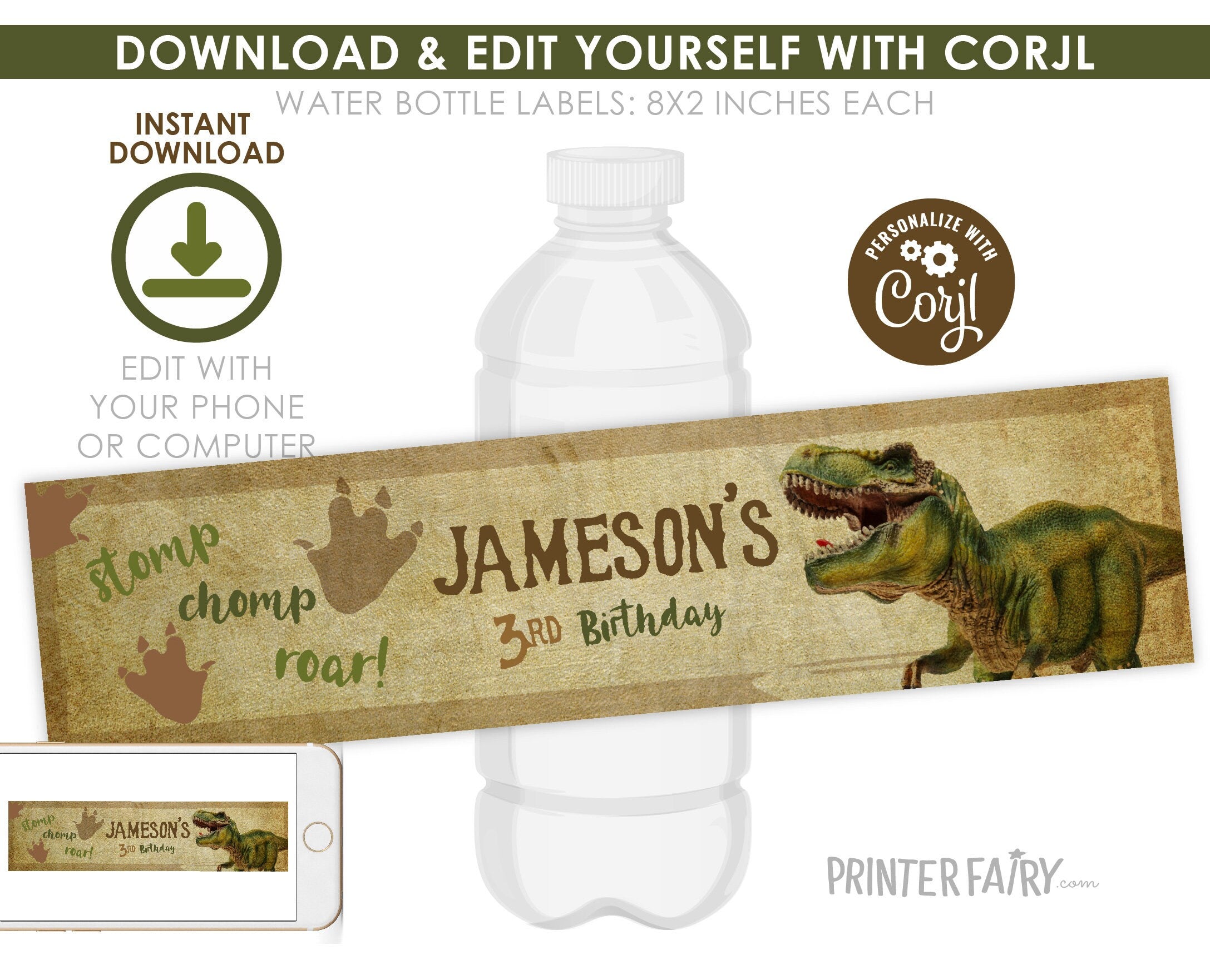 Editable Dinosaur Birthday Water Bottle Label (Digital Download)