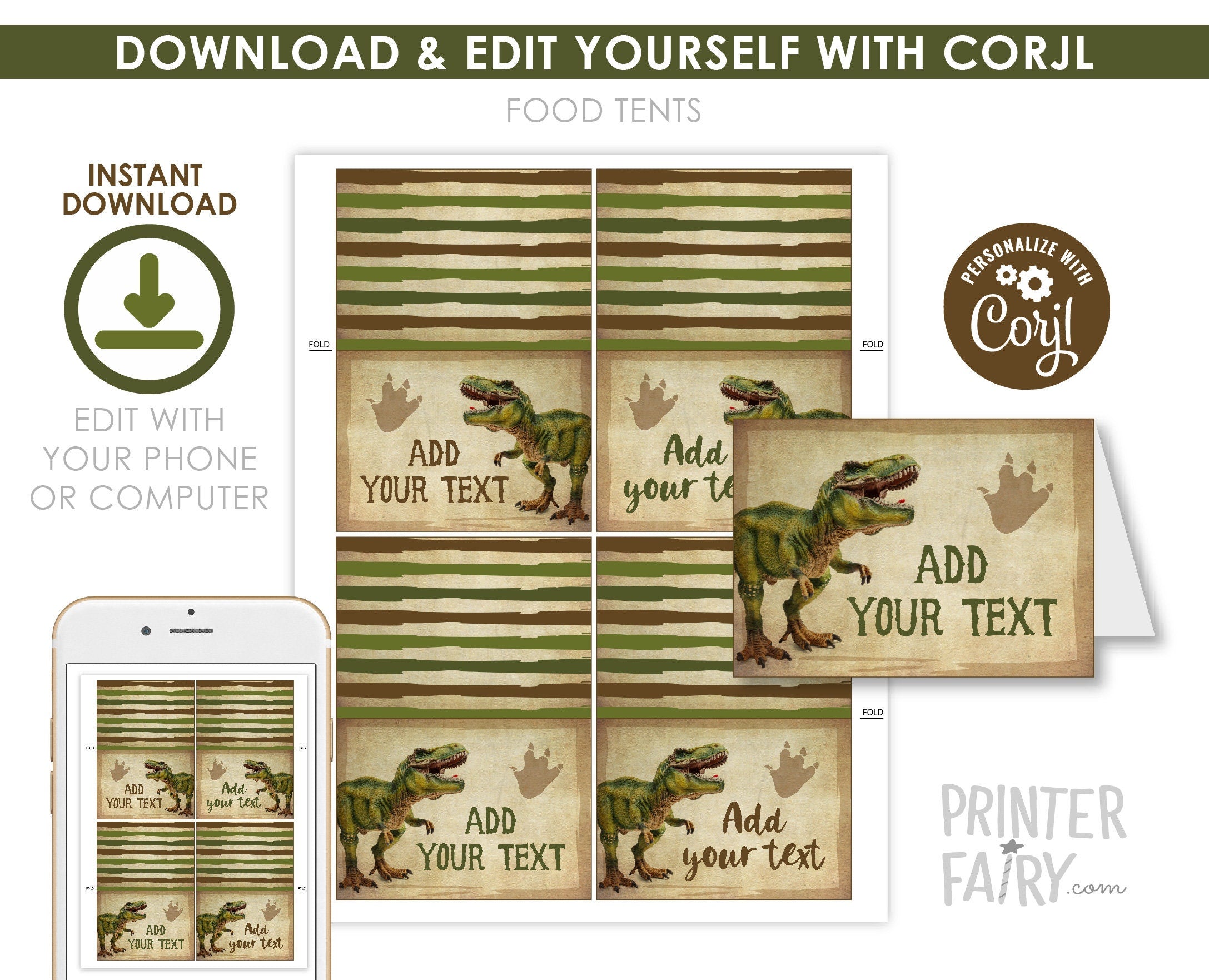 Editable Dinosaur Birthday Party Food Tents (Digital Download)