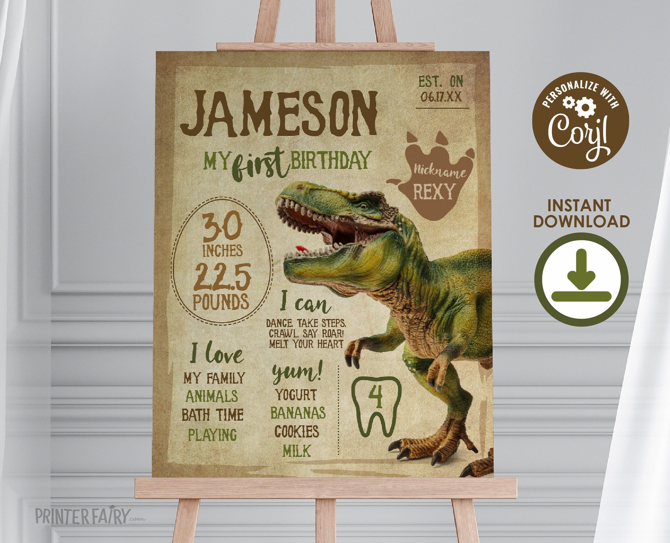 Dinosaur First Birthday Stats Board, T-Rex Party Sign (INSTANT DOWNLOAD)