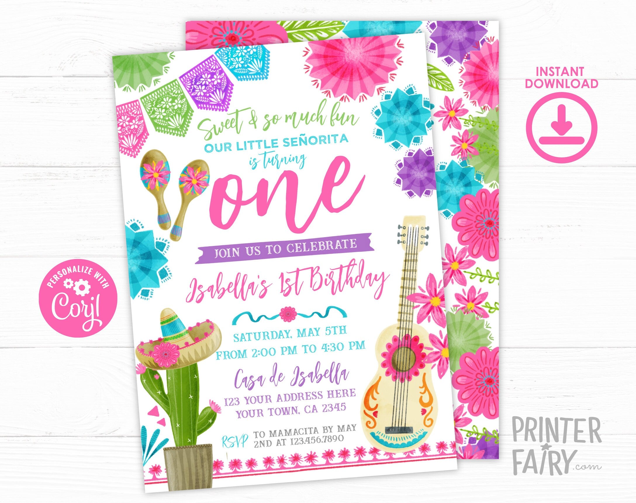 Fiesta First Birthday Party Invitation Editable Template, INSTANT DOWNLOAD