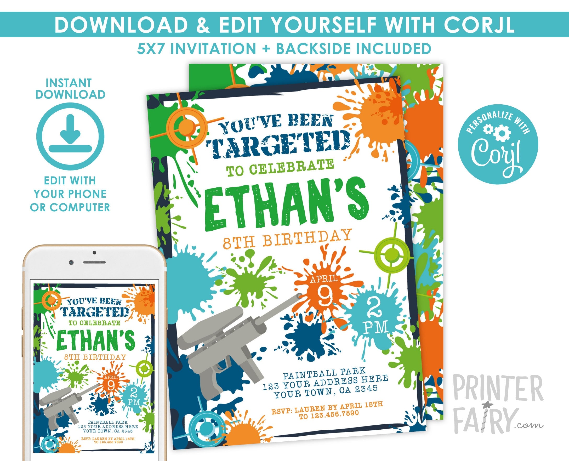 Editable Paintball Birthday Invitation, Instant Download