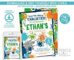 Editable Paintball Birthday Invitation, Instant Download