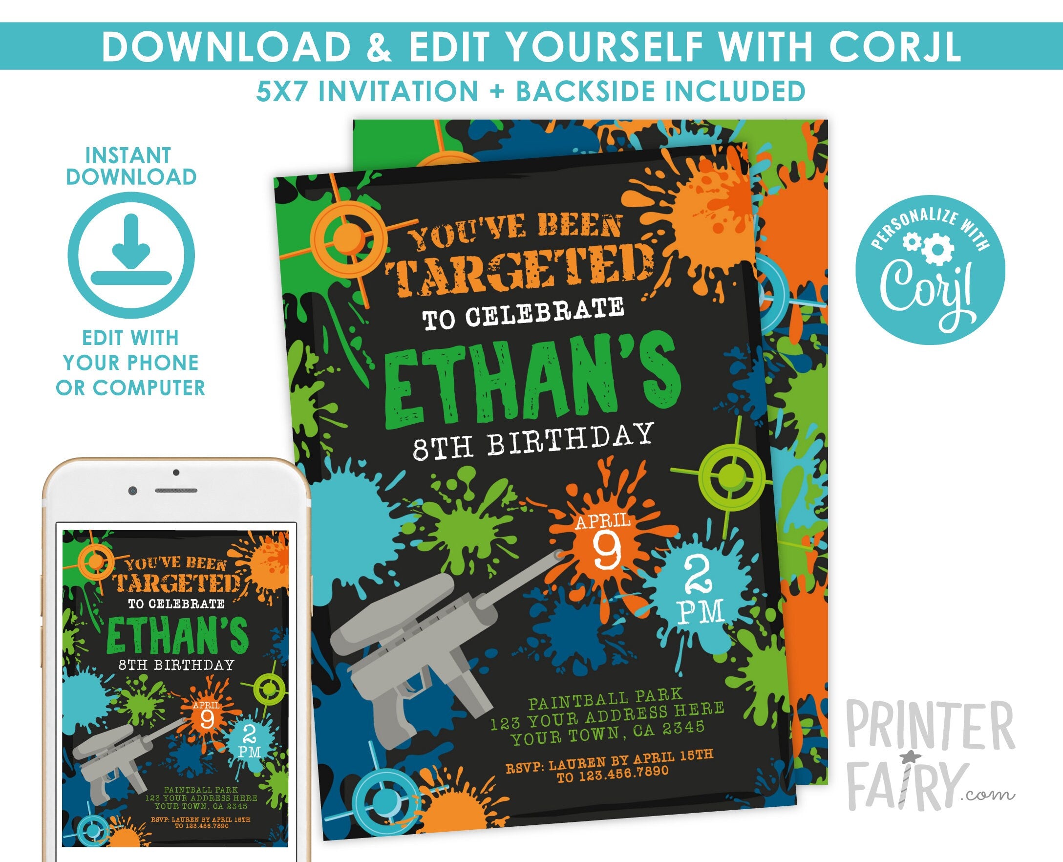 Editable Paintball Birthday Invitation (Digital Download)