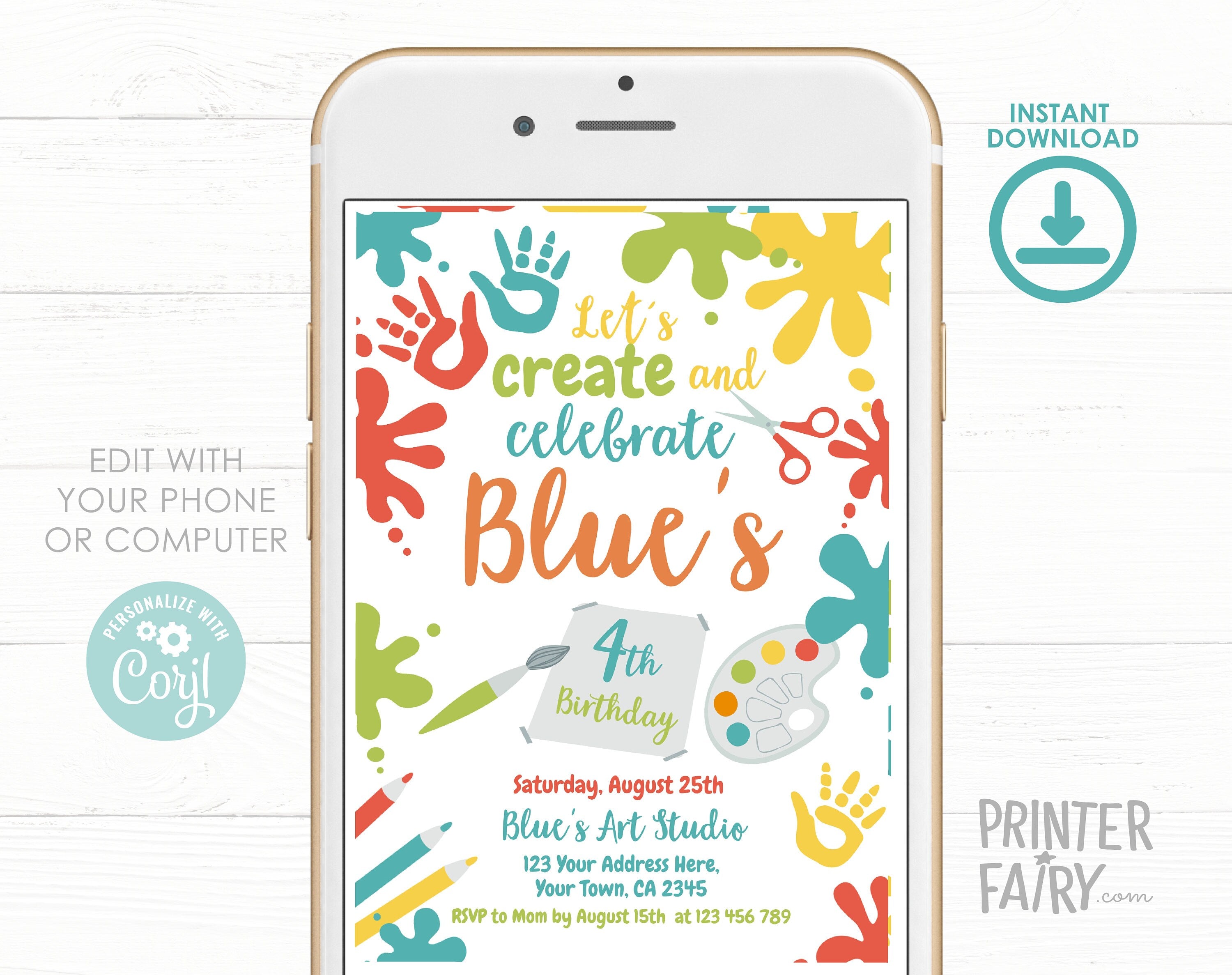 Editable Paint Party Invitation, Art Birthday (Digital Item)