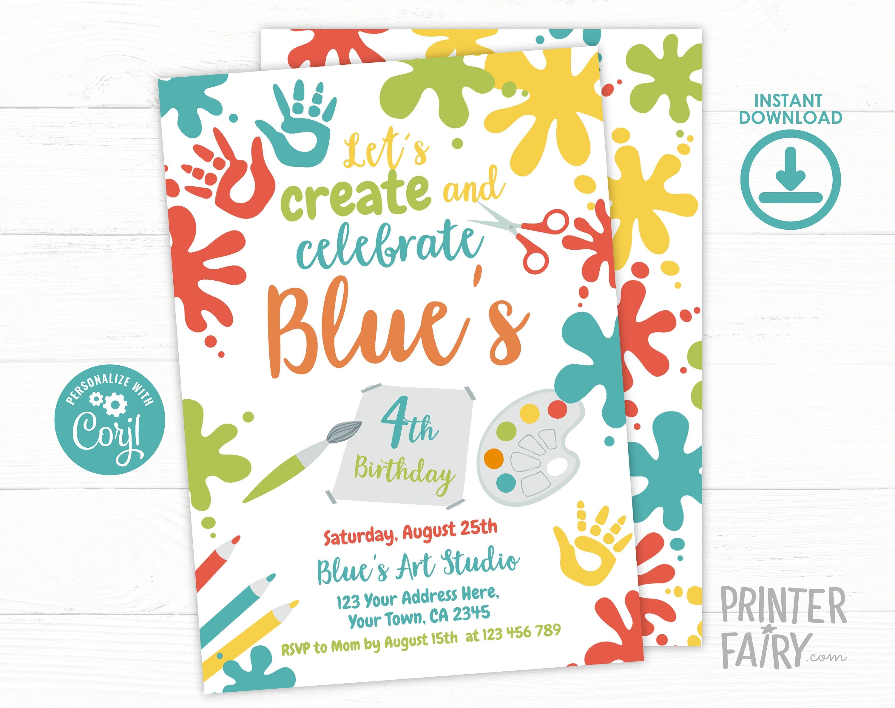 Editable Paint Party Invitation, Art Birthday (Digital Item)