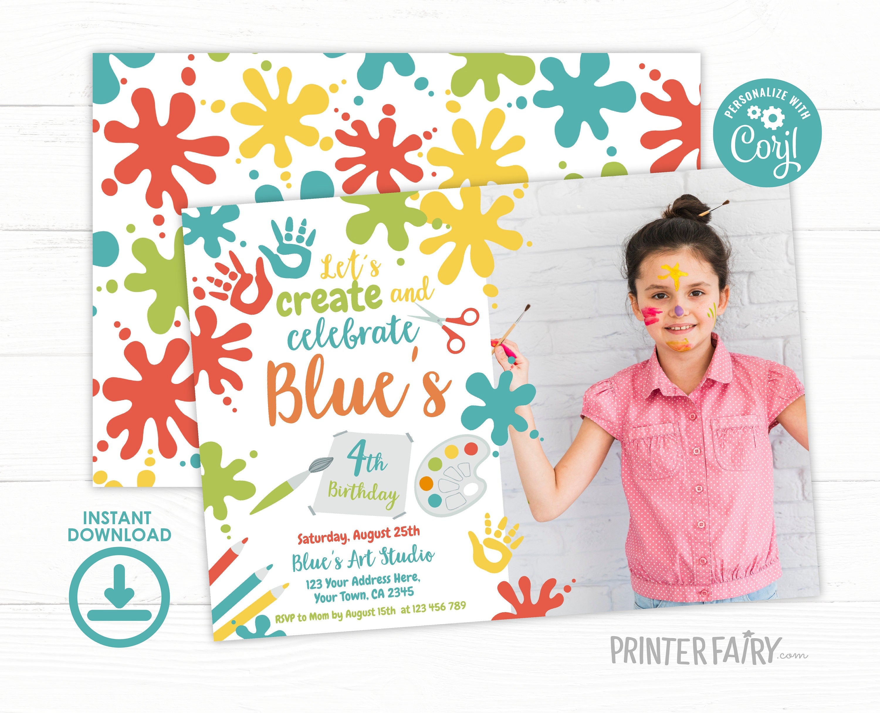 Editable Photo Paint Party Invitation, Art Birthday (Digital Item)
