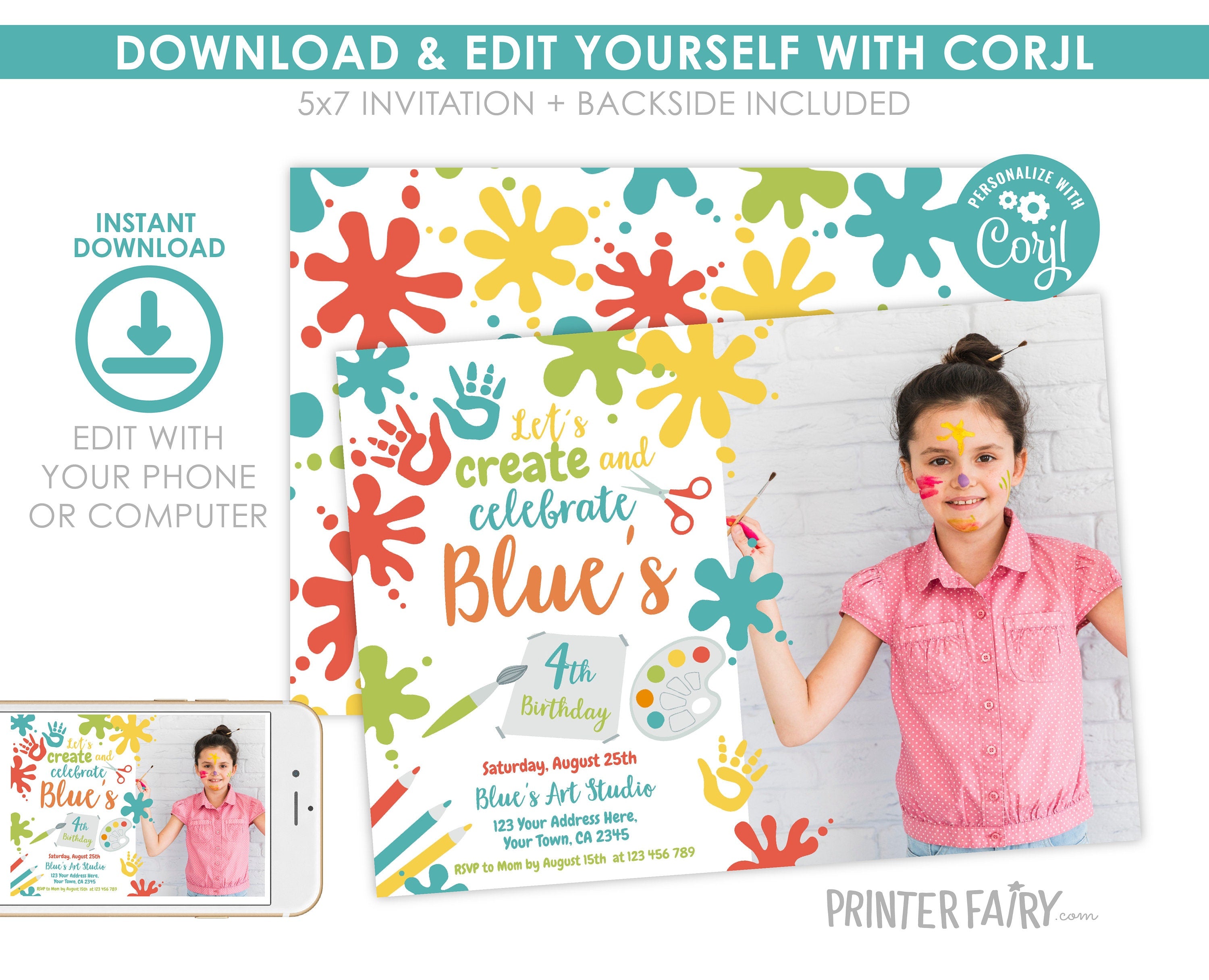 Editable Photo Paint Party Invitation, Art Birthday (Digital Item)