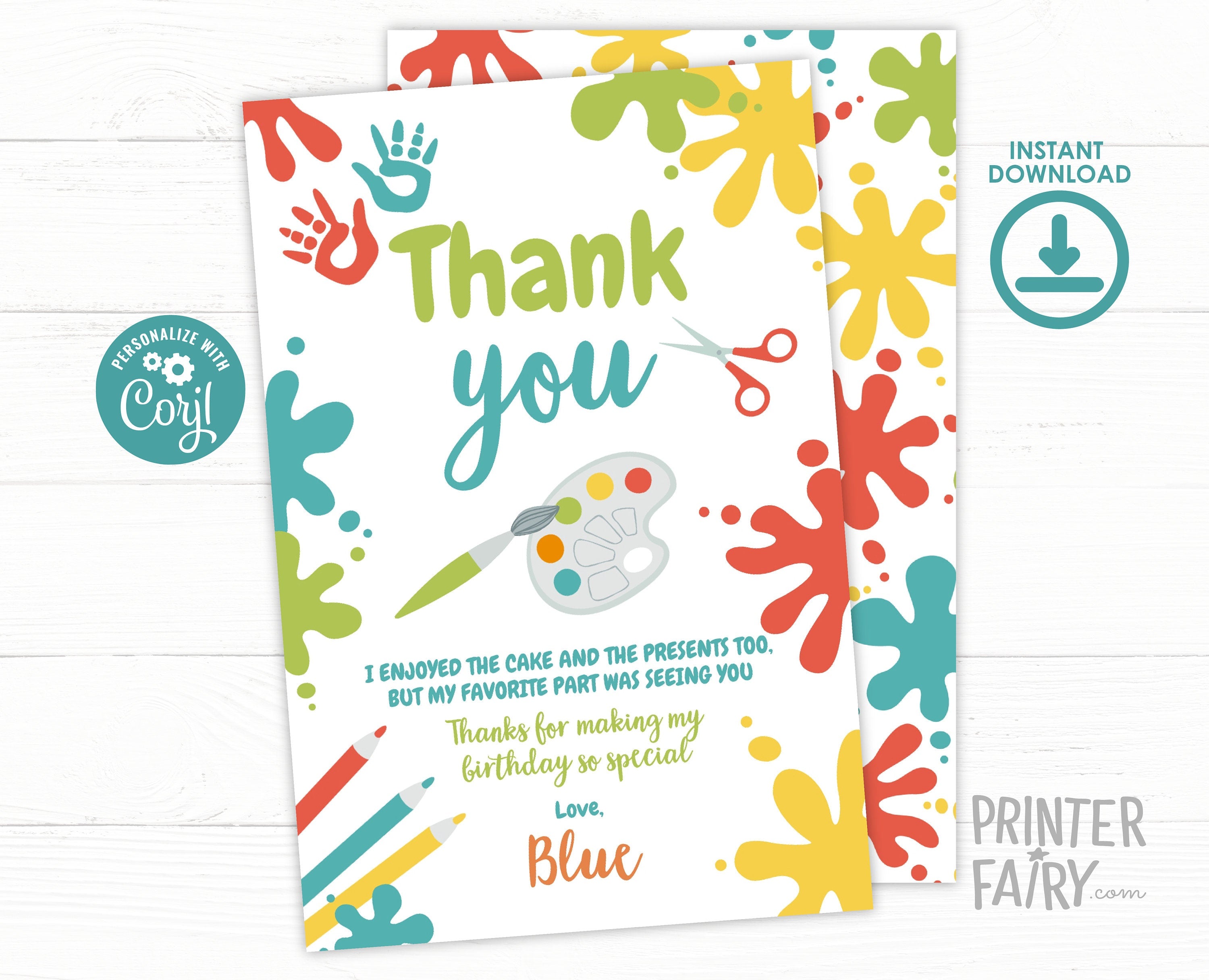 Art Birthday Thank You Card, Editable Paint Party (Digital Item)