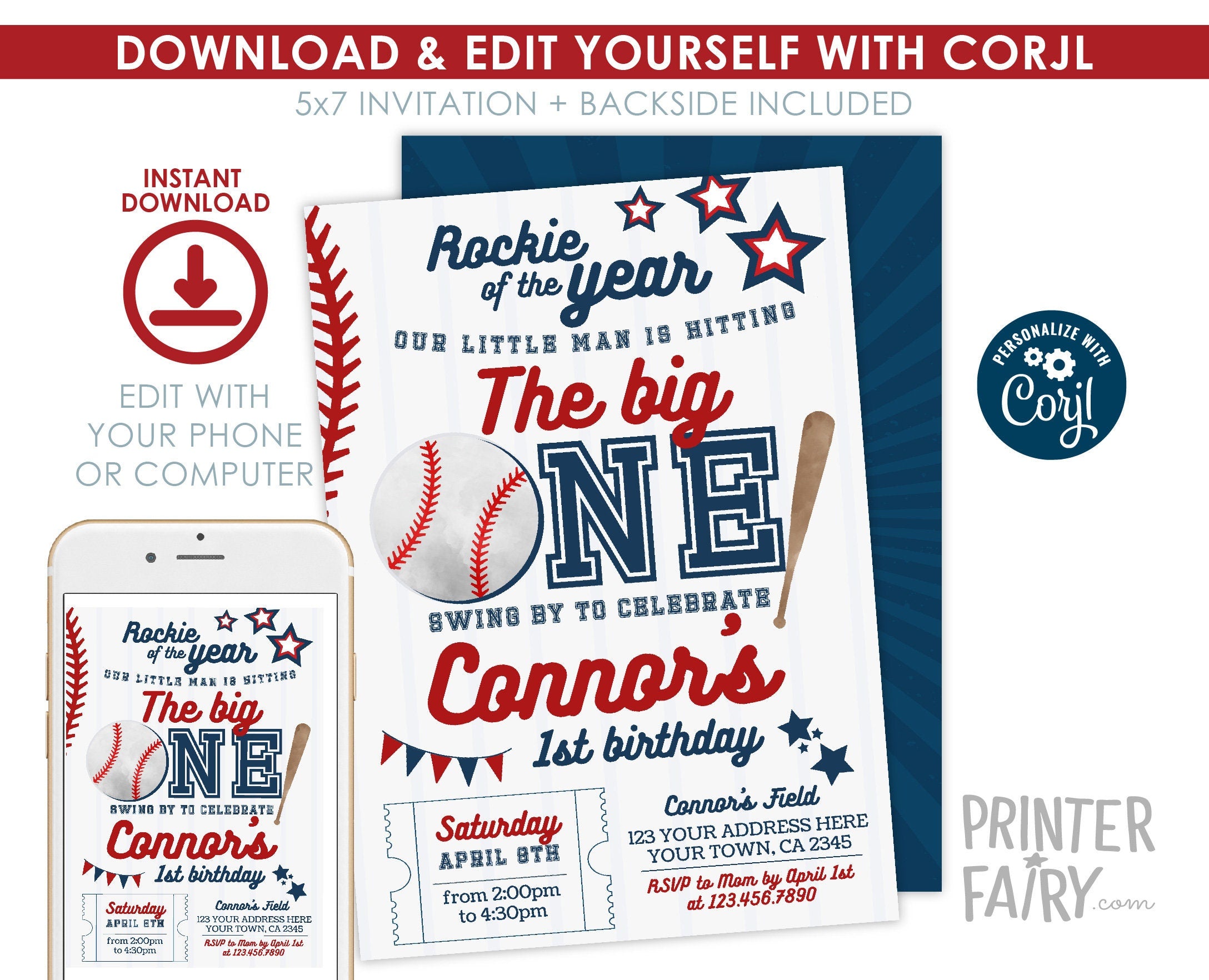 Baseball First Birthday Invitation, EDITABLE (Digital Item)