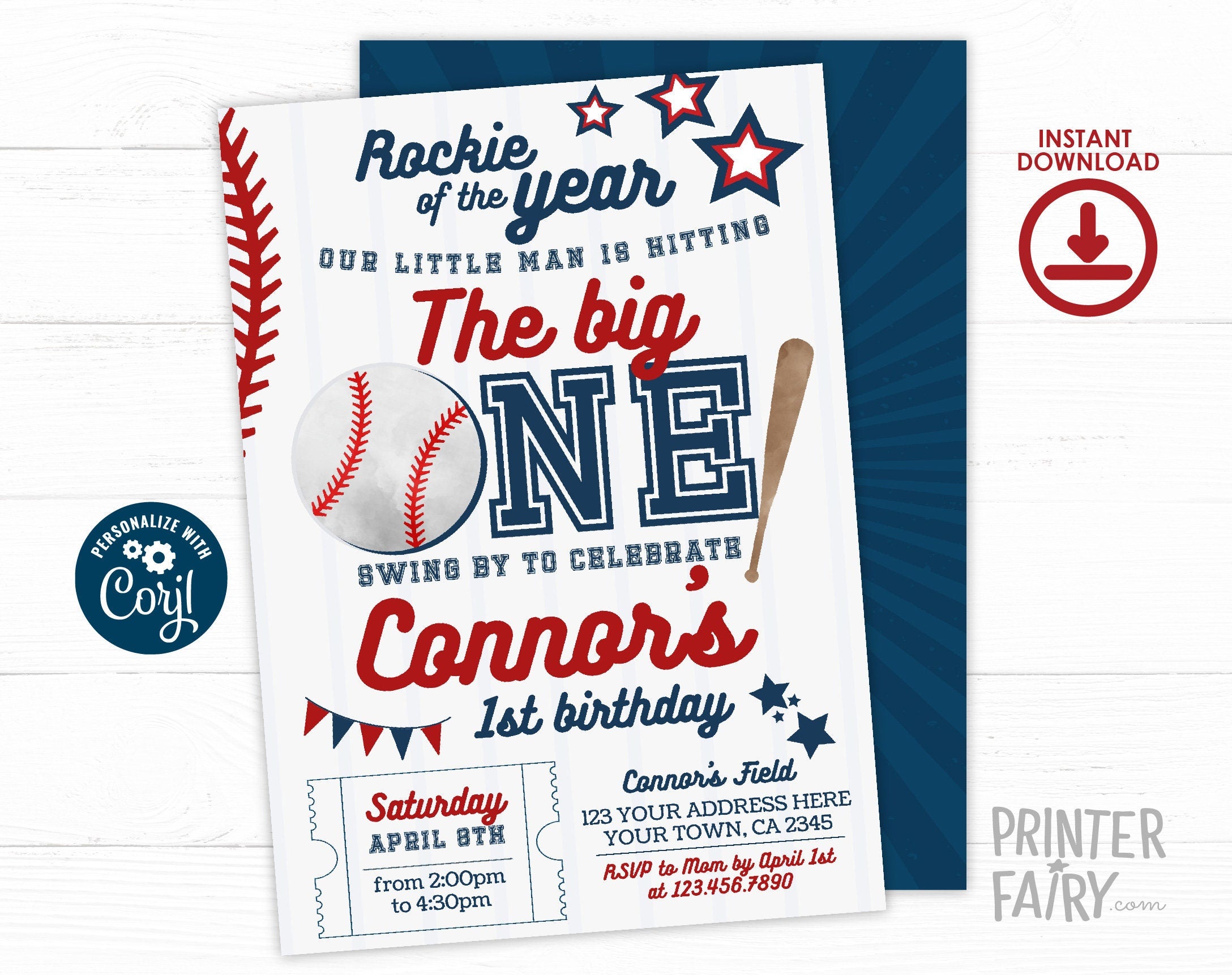 Baseball First Birthday Invitation, EDITABLE (Digital Item)
