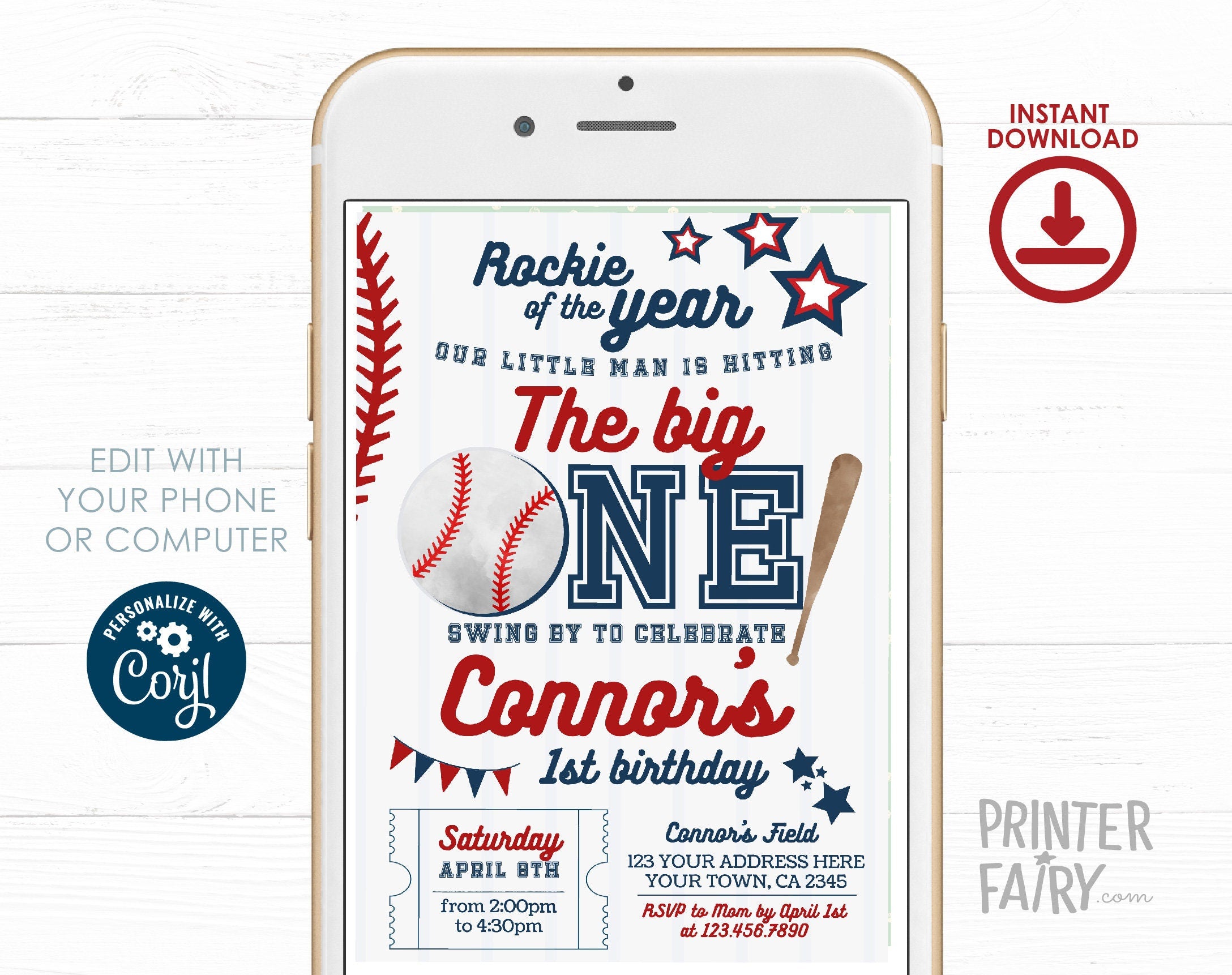 Baseball First Birthday Invitation, EDITABLE (Digital Item)