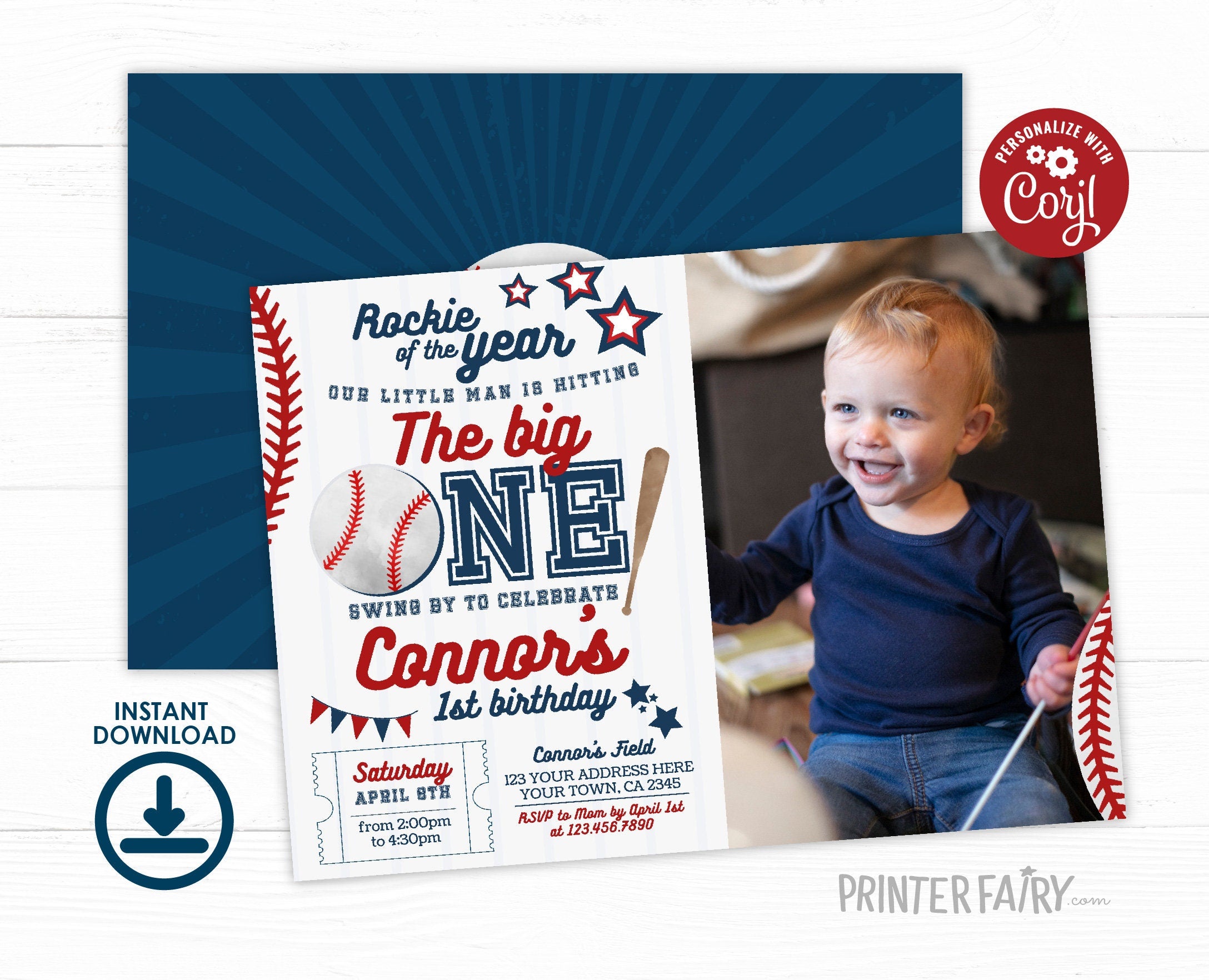 Baseball First Birthday Invitation with Photo, EDITABLE (Digital Item)