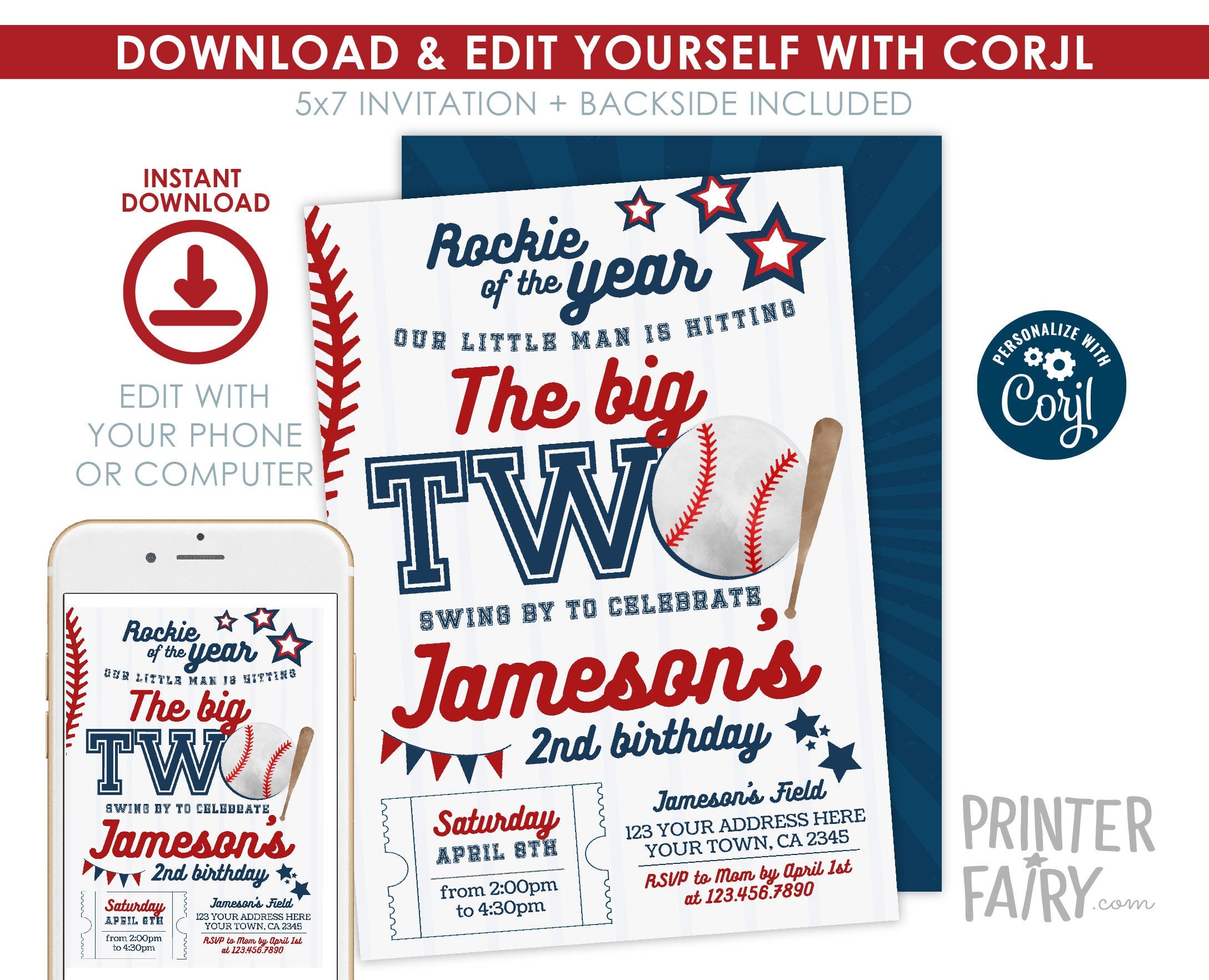 Baseball 2nd Birthday Invitation, Editable Sports Party Invite (Digital Download)