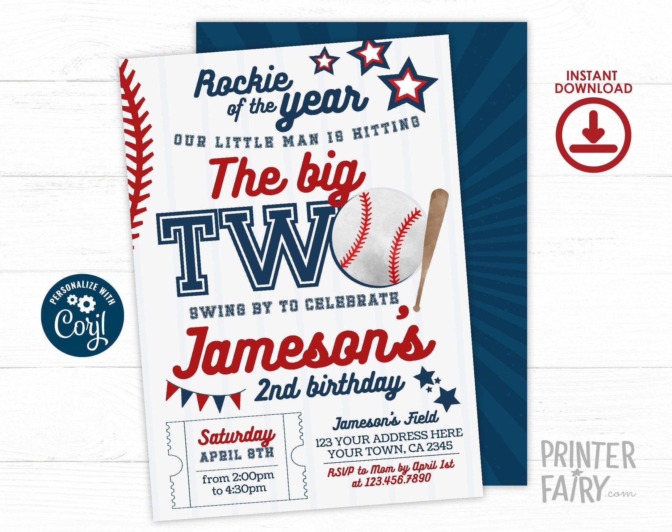 Baseball 2nd Birthday Invitation, Editable Sports Party Invite (Digital Download)