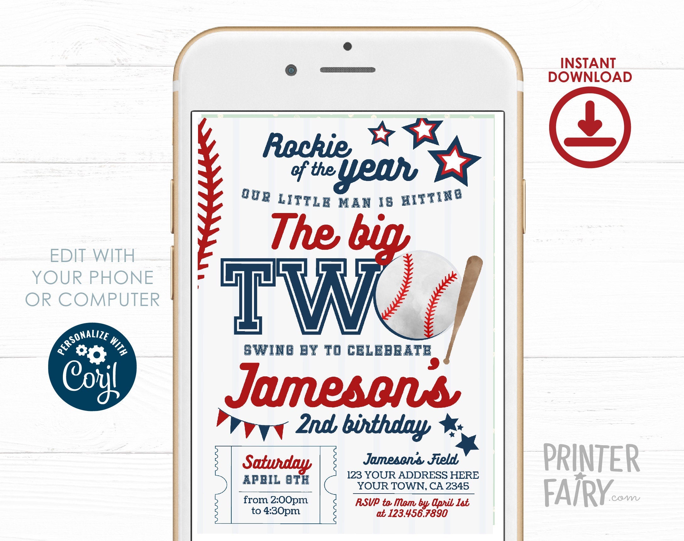 Baseball 2nd Birthday Invitation, Editable Sports Party Invite (Digital Download)