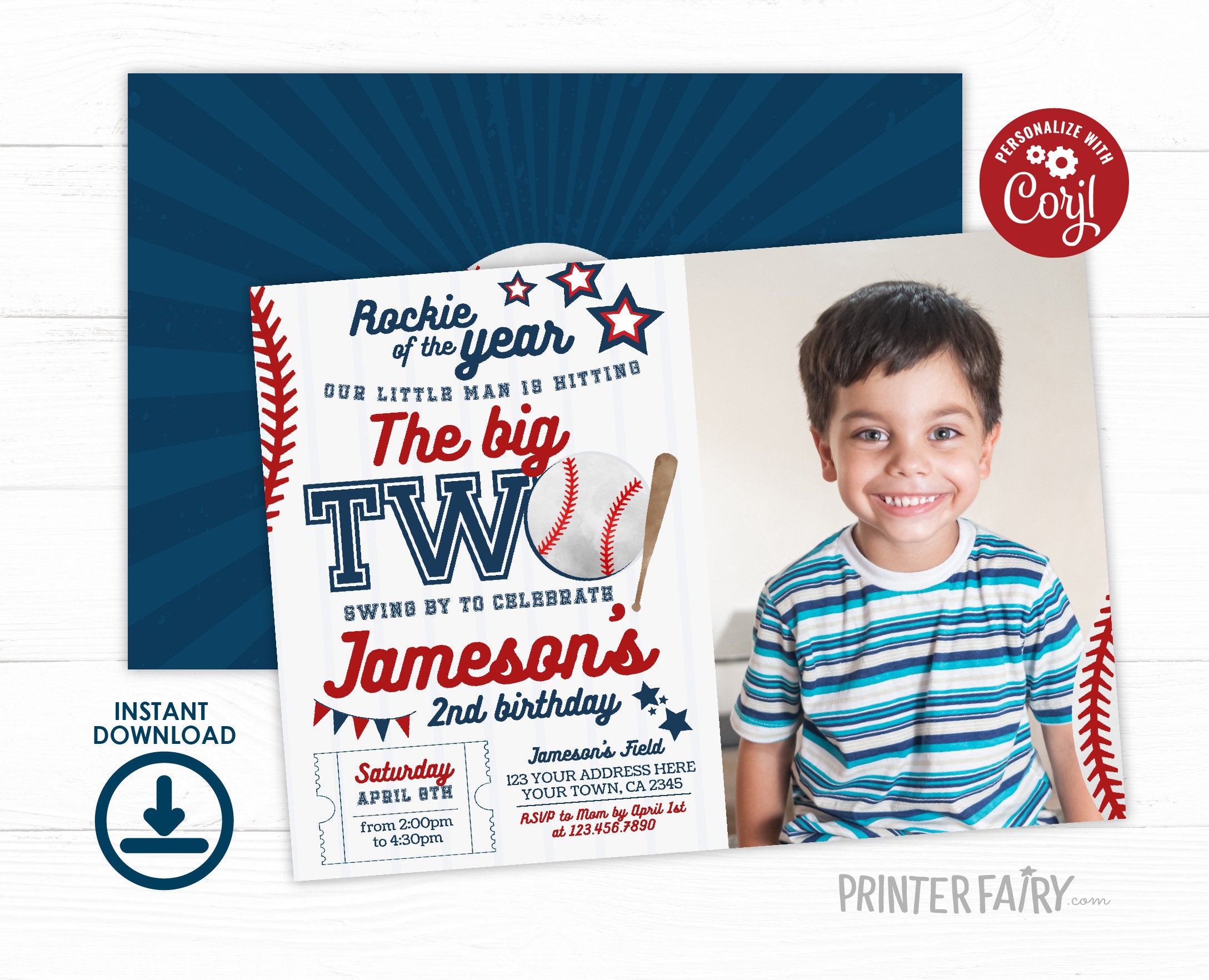 Baseball Second Birthday Invitation with Photo (Editable)