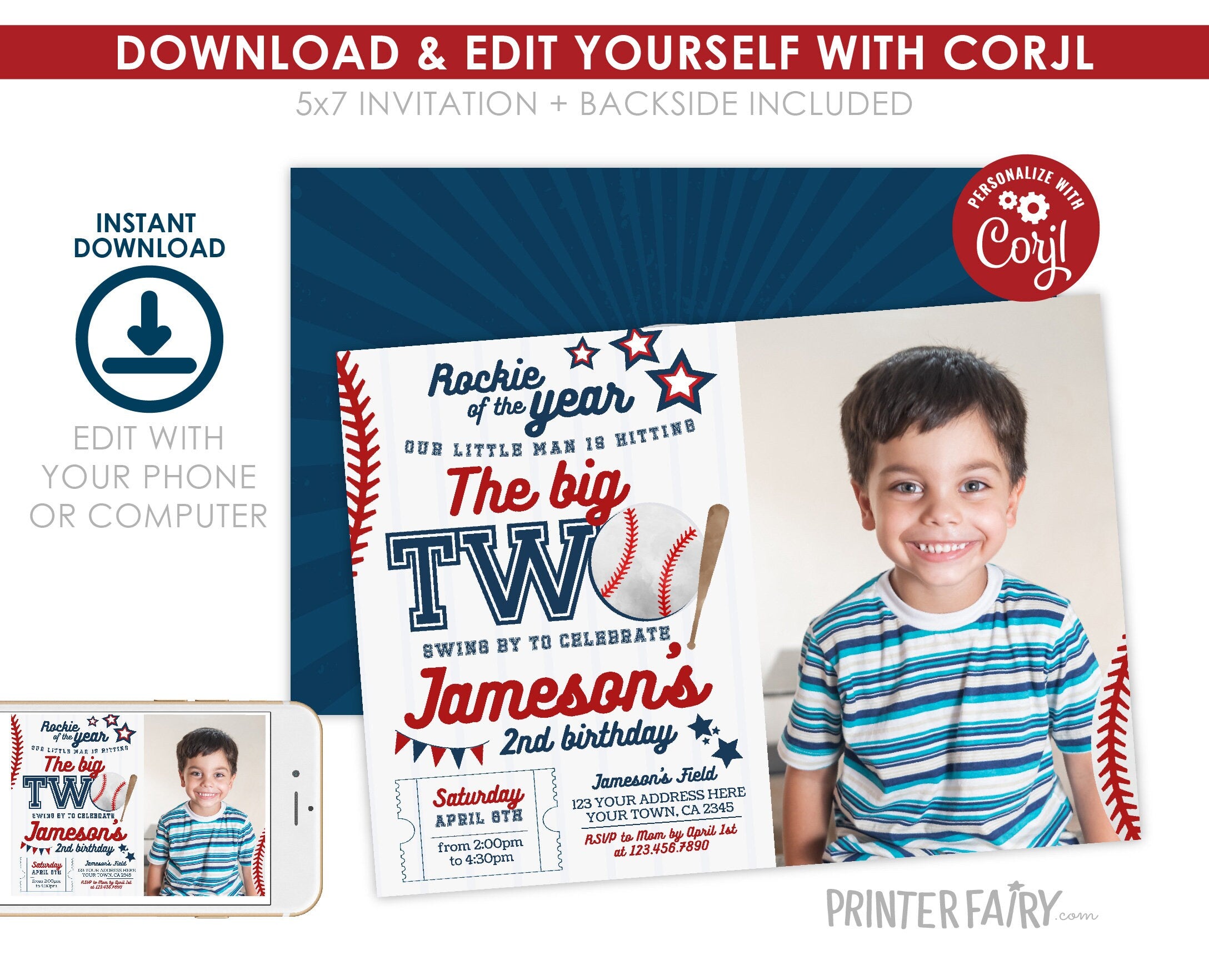 Baseball Second Birthday Invitation with Photo (Editable)