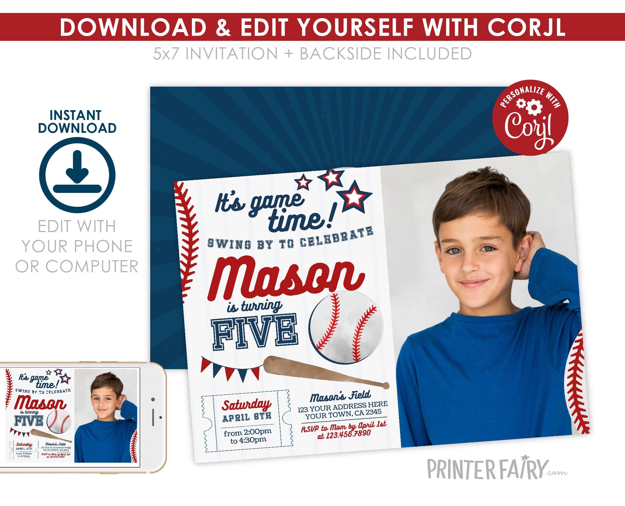 Editable Photo Baseball Birthday Invitation (Digital Download)