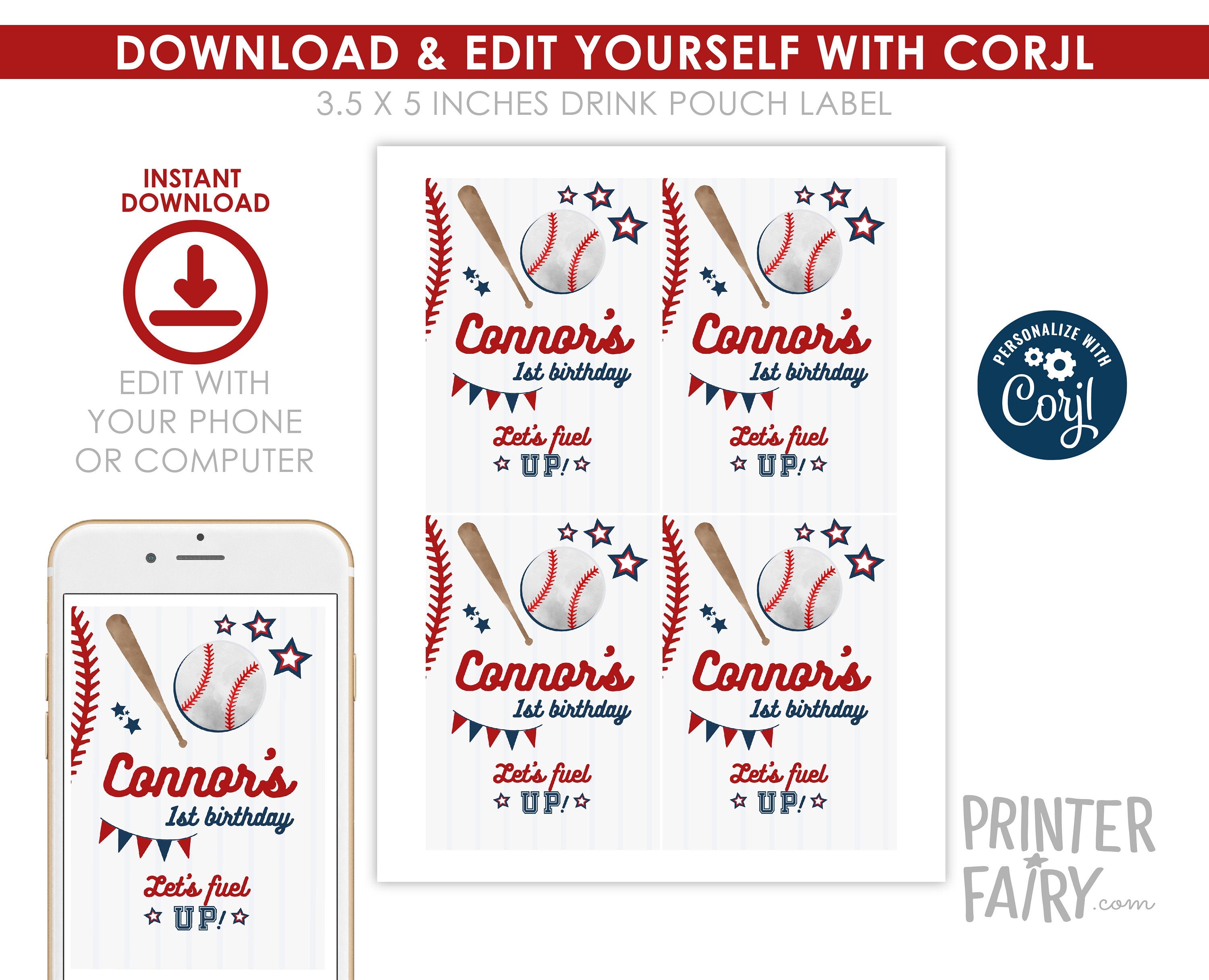 Editable Baseball Birthday Drink Pouch Label (Digital)