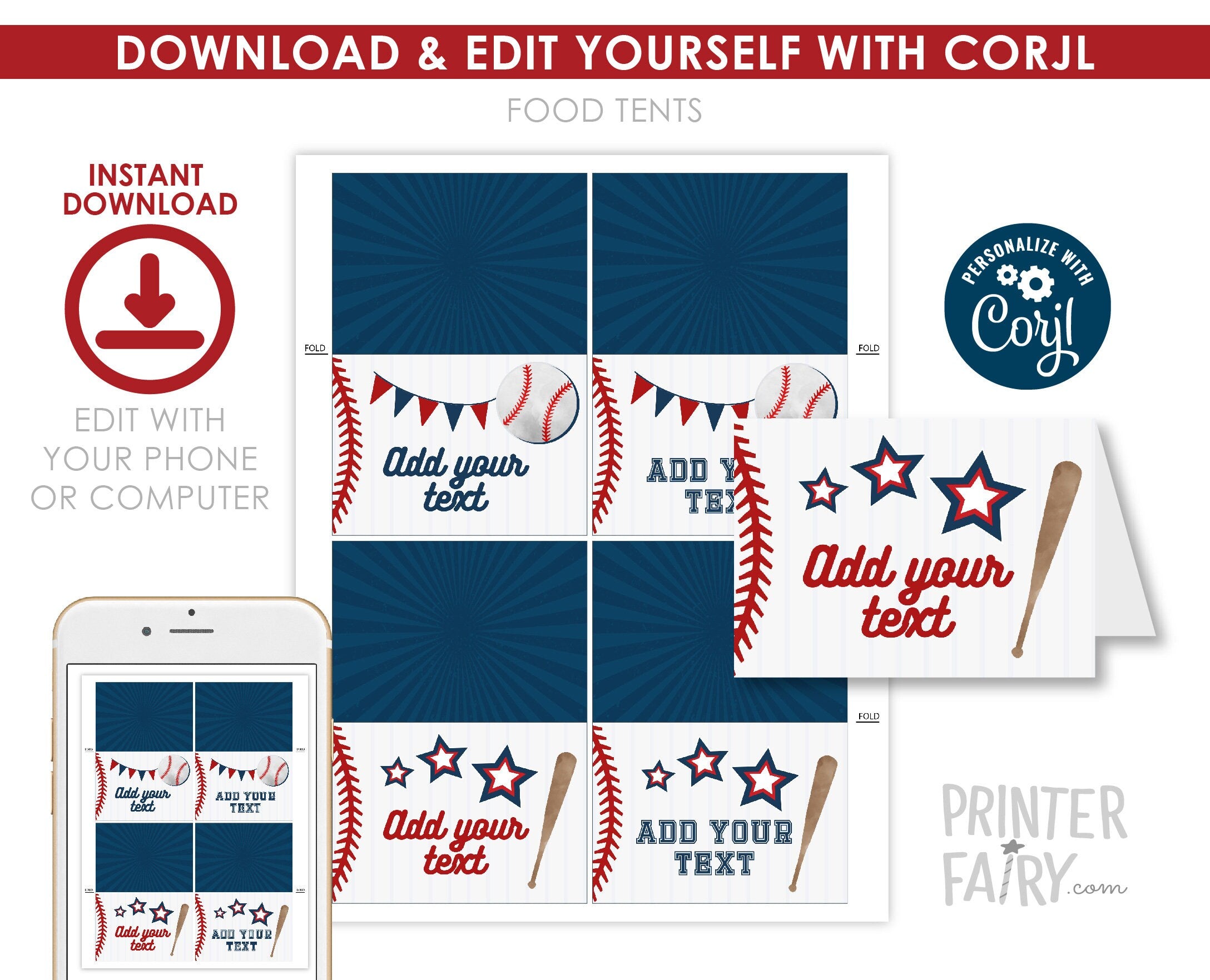 Editable Baseball Birthday Party Food Tents (Digital Download)