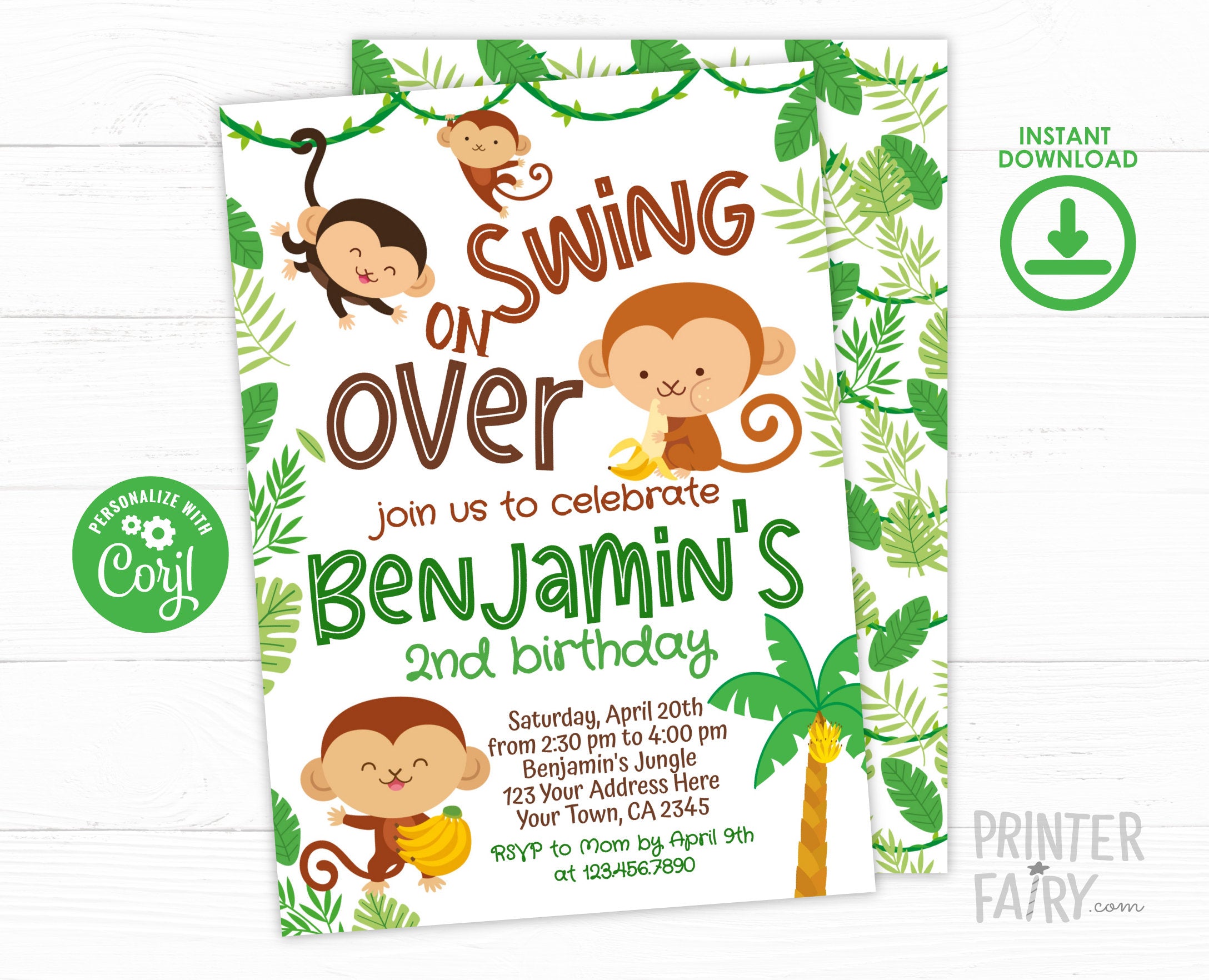 Monkey Birthday Invitation Editable Template, Instant Download