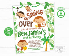 Monkey Birthday Invitation Editable Template, Instant Download