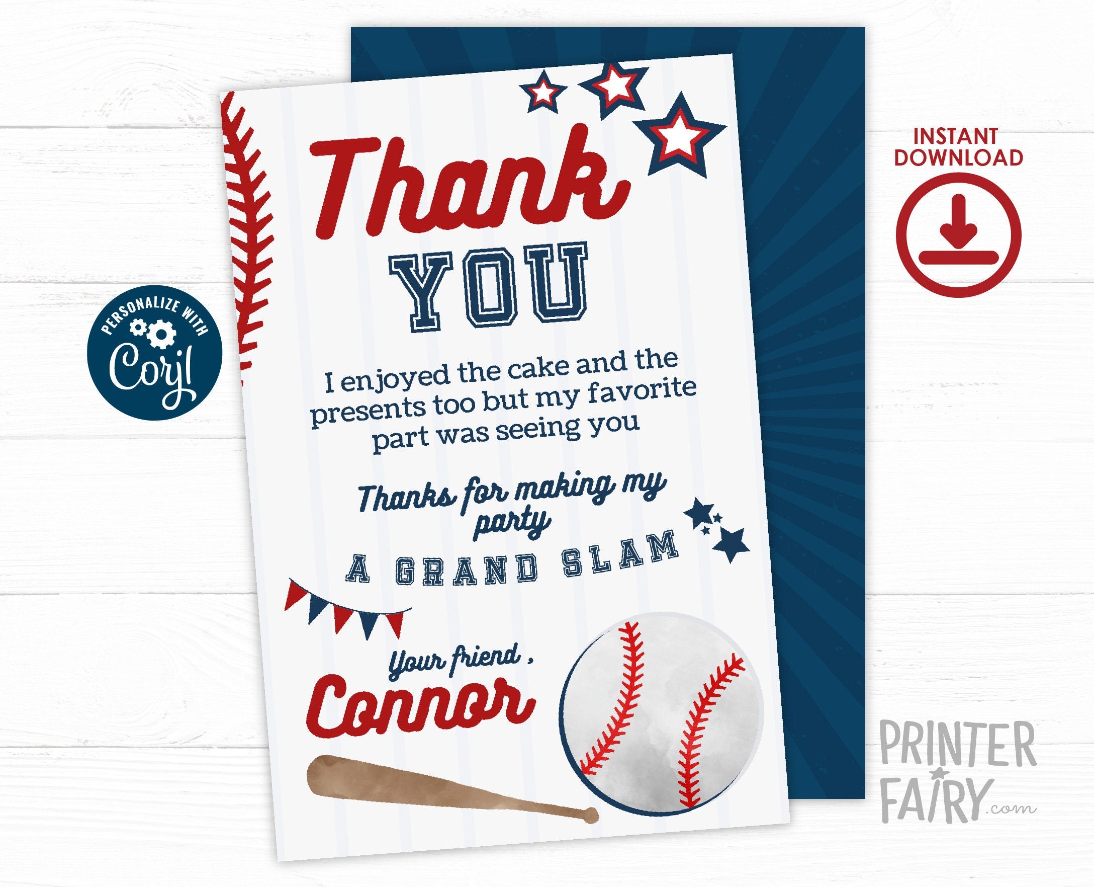 Editable Baseball Thank You Card, Sports Birthday (Digital Item)